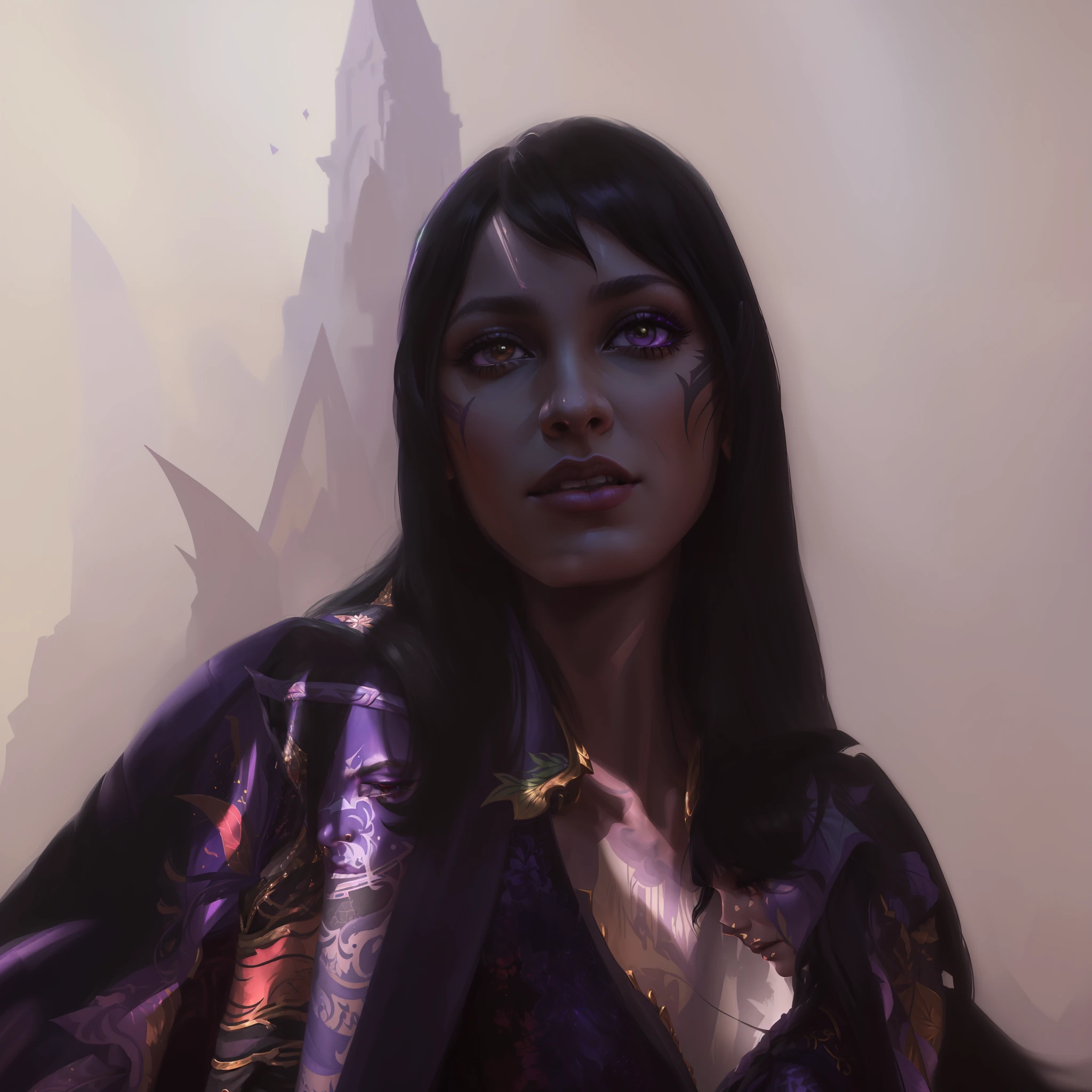 (((Masterpiece))), (((Best Quality: 1.4))), ((Super Detail: 1.4)) , hyper detailed gouache painting of a couple of a female Tiefling, gorgeous exotic features, long black hair, hyper detailed face features, detailed textures, light purple skin tone, tattoos, natural skin shader, volumetrics, warm undertones on her skin, ultra High resolution
