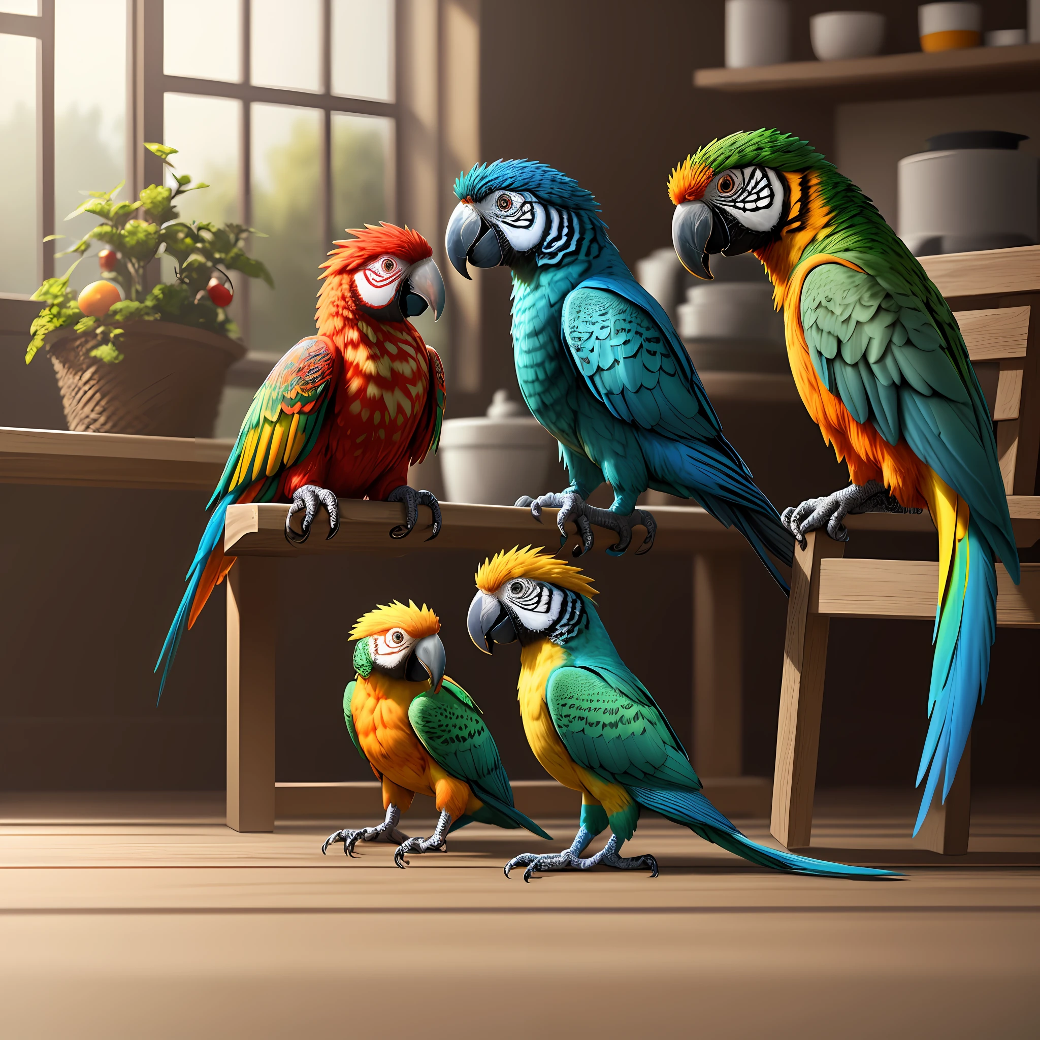 photorealistic: 1.4), (best quality: 1.4), (ultra highres: 1.2), (highly detailed: 1.3), (HDR: 1.2), (cinematic lighting: 1.3), blue colored parrot red green gold orange, landscape