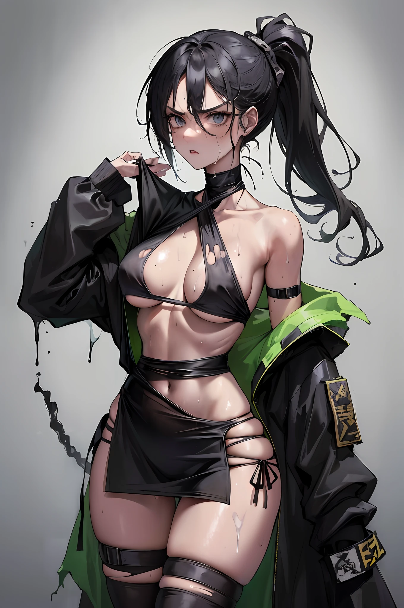 Prisoner of war, ninja, ponytail, black mask, big breasts, torn clothes, cloth wrapped around chest, restraint, angry, slanted eyes, rope, wet with milk, wet with saliva, wet all over Yes, wet crotch, wet thighs, watery eyes, shy, tall body, hourglass body, masterpiece,best quality, ultra detailed