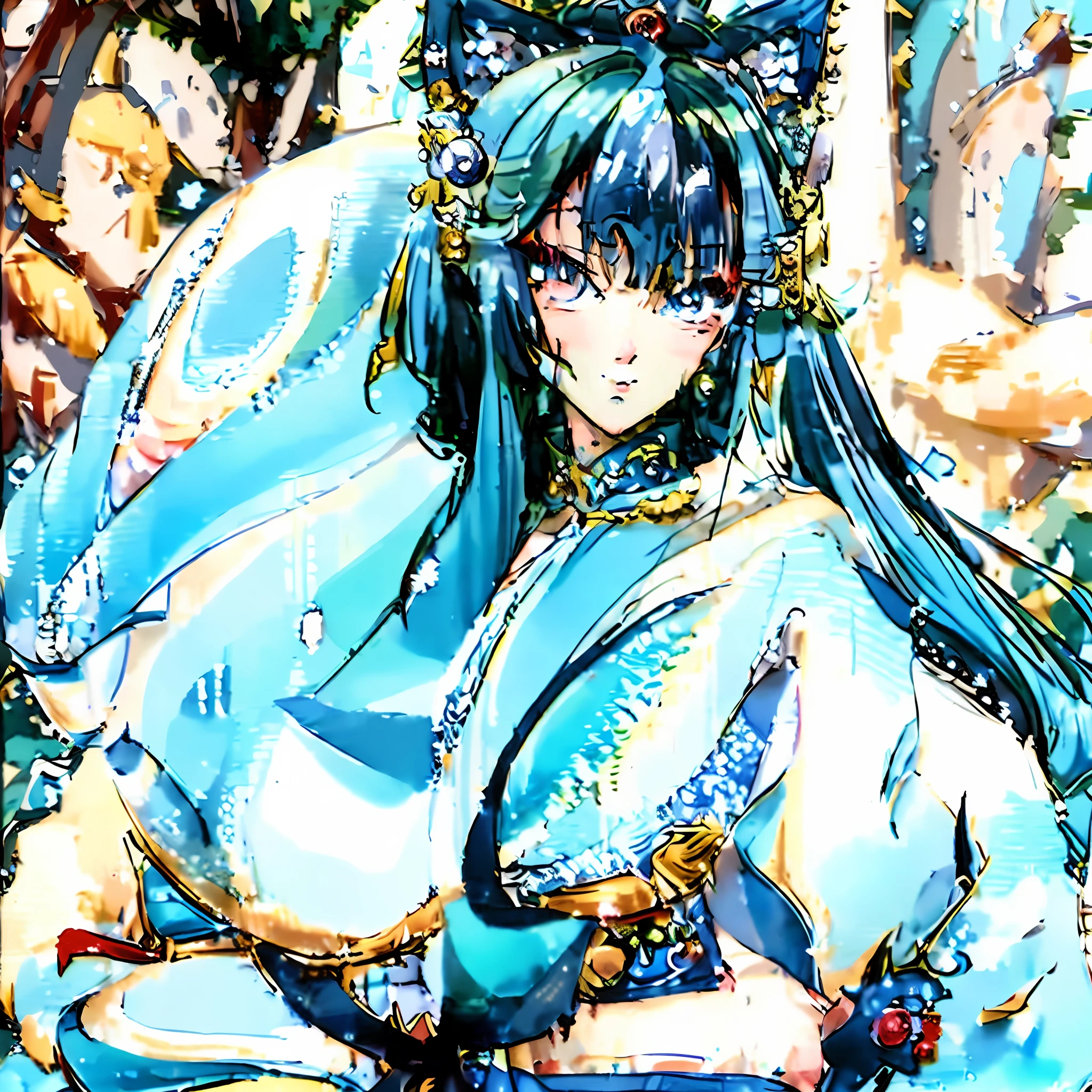 anime girl in blue dress with blue hair and blue eyes, ((a beautiful fantasy empress)), anime goddess, pixiv, shikishi, anime arts, anime art, style of masamune shirow, pixiv contest winner, miku, pixiv style, from sengoku period, sengoku - era art style, by amano, advanced digital anime art ”