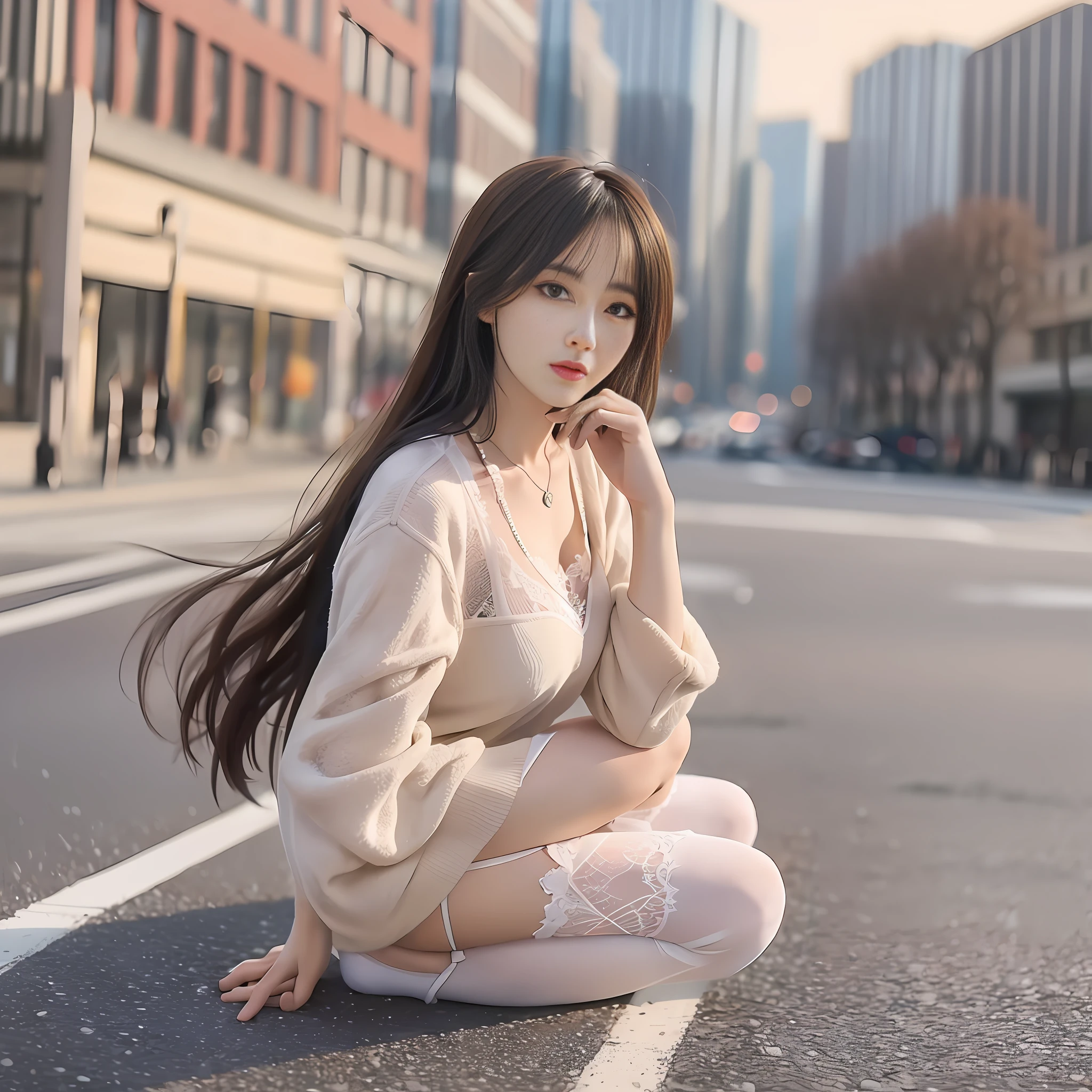 Woman Exquisite face Symmetrical facial features High quality 8K lace lingerie Gradient stockings Wearing a pair of high heels Standing on the road