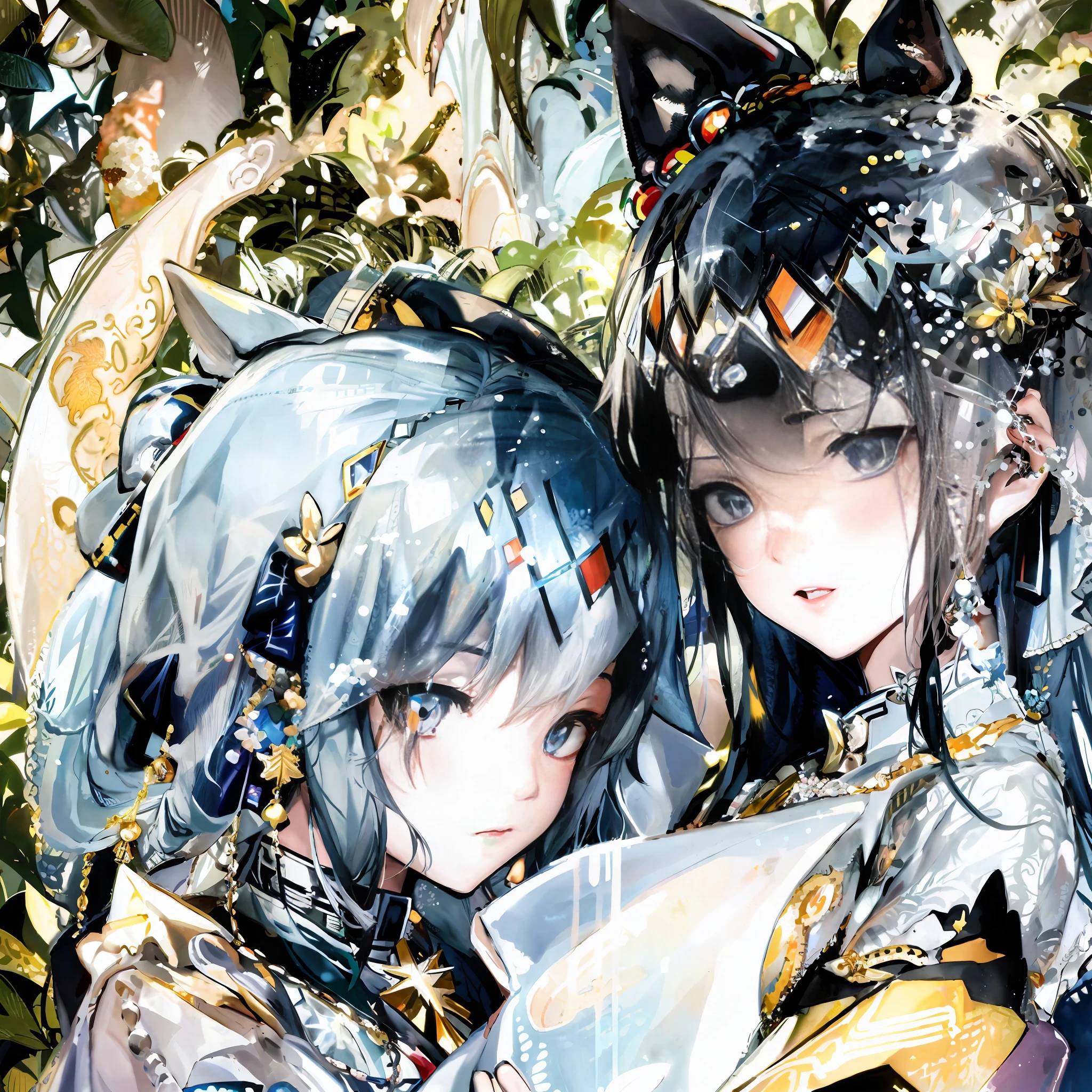 anime characters in costumes hugging each other in a forest, nixeu and sakimichan, anime style mixed with fujifilm, neko, anime arts, from arknights, wlop and sakimichan, two beautiful anime girls, anime art, anime cover, guweiz, official artwork, anime fantasy illustration, digital anime illustration, blade and soul, pixiv
