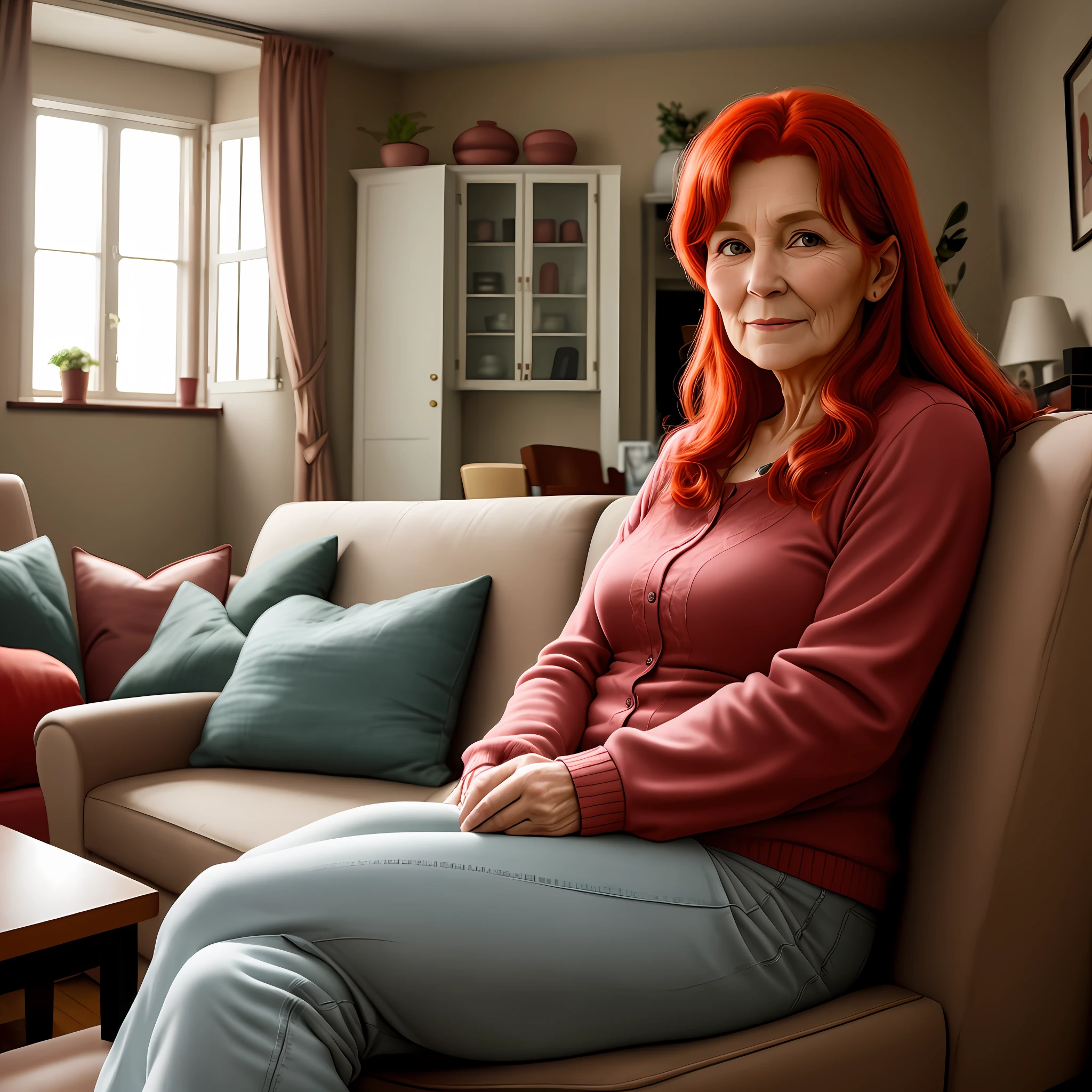 Photo of a 50-year-old woman sitting on a sofa in the living room, beautiful with red hair