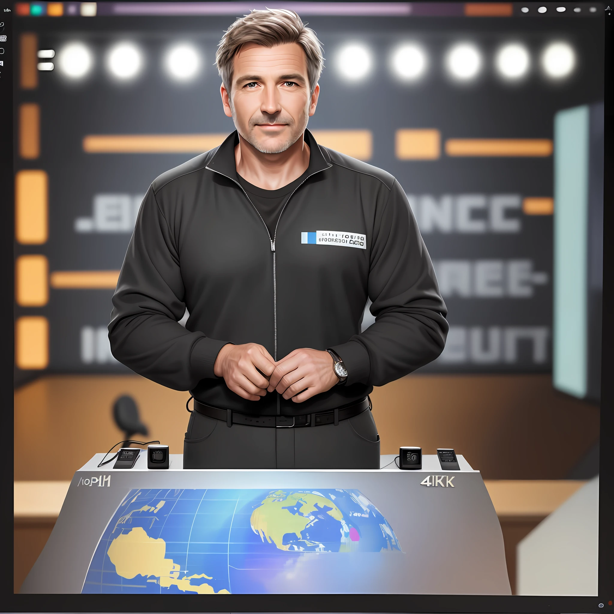 male, middle-aged, presenter, realistic photo, 4k