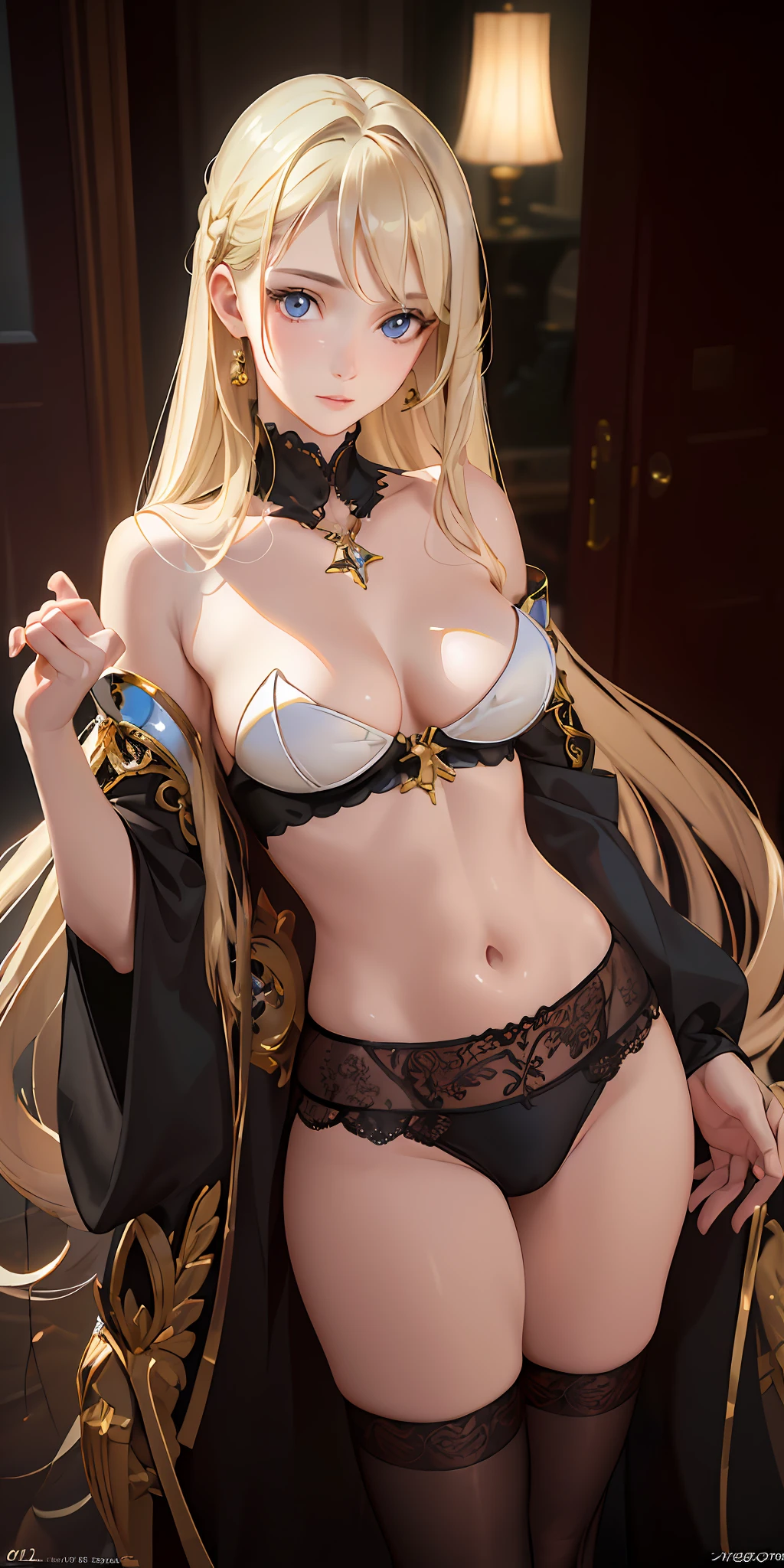 (photorealistic:1.4), (masterpiece, sidelighting, finely detailed beautiful eyes: 1.2), masterpiece*portrait, realistic, 3d face, glowing eyes, shiny hair, lustrous skin, solo, embarassed, (midriff), black underwear, blonde hair,naked