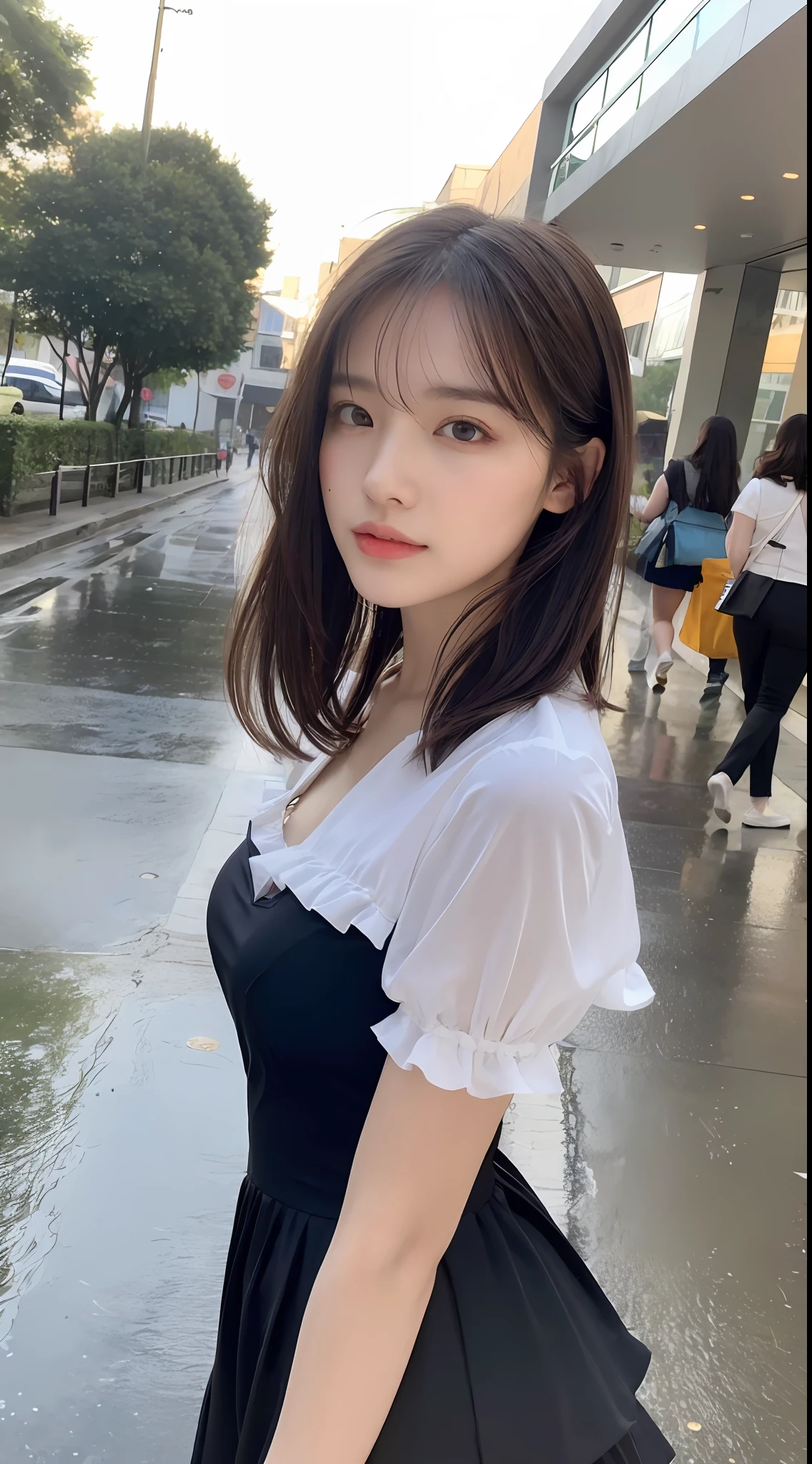 ((Best Quality, 8k, Masterpiece: 1.3)), Focus: 1.2, Perfect Body Beauty: 1.4, Buttocks: 1.2, (Layered Haircut: 1.2)), (Rain, Street:1.3), Highly detailed face and skin texture, Fine eyes, Double eyelids, Whitening skin, Long hair, (Round face: 1.5), sweet_lolita