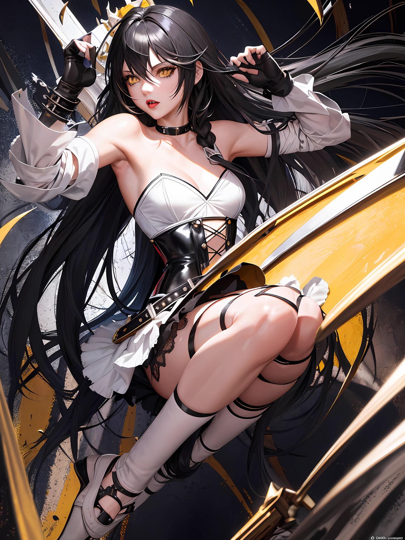 masterpiece, ultra high quality CG, best quality, perfect picture, solo, Velvet Crowe (yellow eyes, white skin, messy black hair too long, choker, small breasts, lipstick, makeup, eyeliner) using mistress corset with pantyhouse, holding a chain, on a basement, showing perfect feet, low angle shot