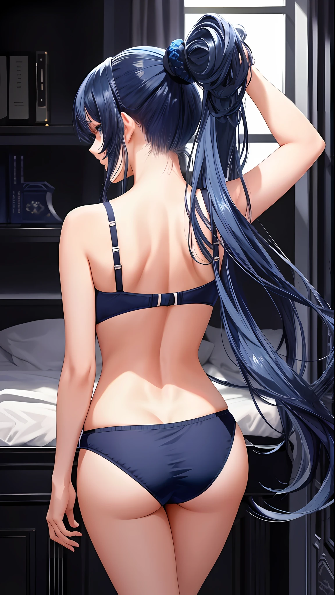 masterpiece, ultra high quality CG, best quality, perfect picture, solo, Laura S. Arseid (long dark blue hair, ponytail and Bang side, avarege breasts), wearing bra and panties BLUE, back, back Photo, Nice ass