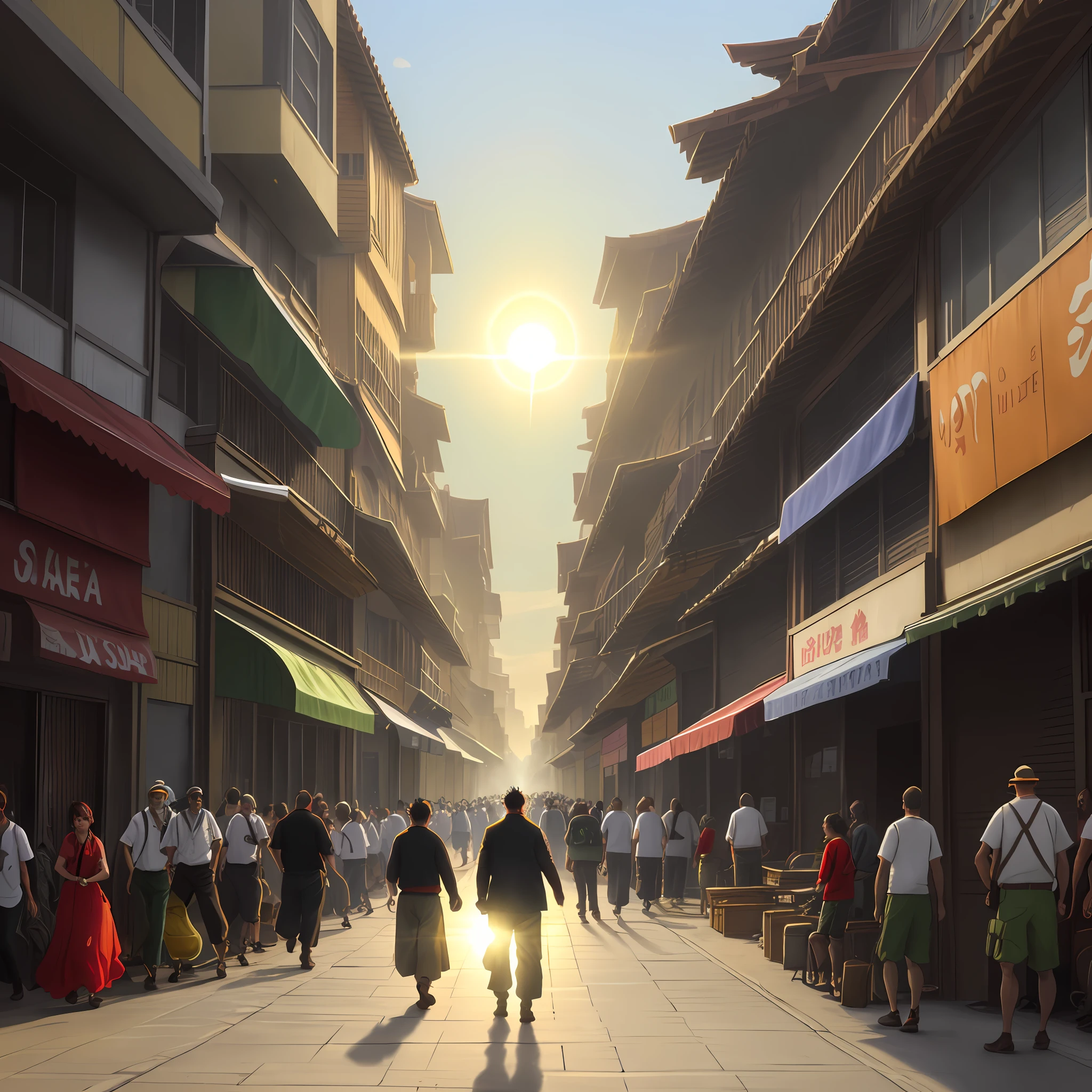 (high quality, masterpiece, ultra-detailed), the hot morning sun reflects the torrent of people on the street, the piercing cicadas and the sound of horns are intertwined, the smoke is thick, and the suffocating gray-brown heat wave overflows, you who walk here, feel a trace of urgency and fatigue, and the streets and alleys seem to be "deformed".