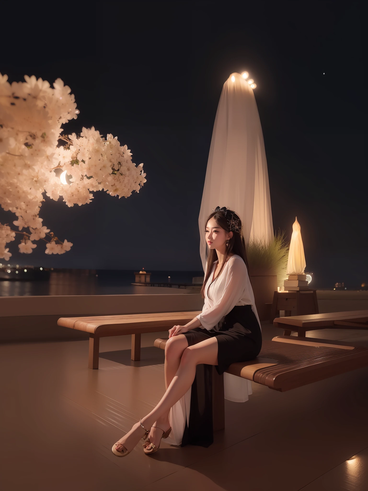 Background:Starry night at beach, moon light, blue eyes, lift heard up a bit