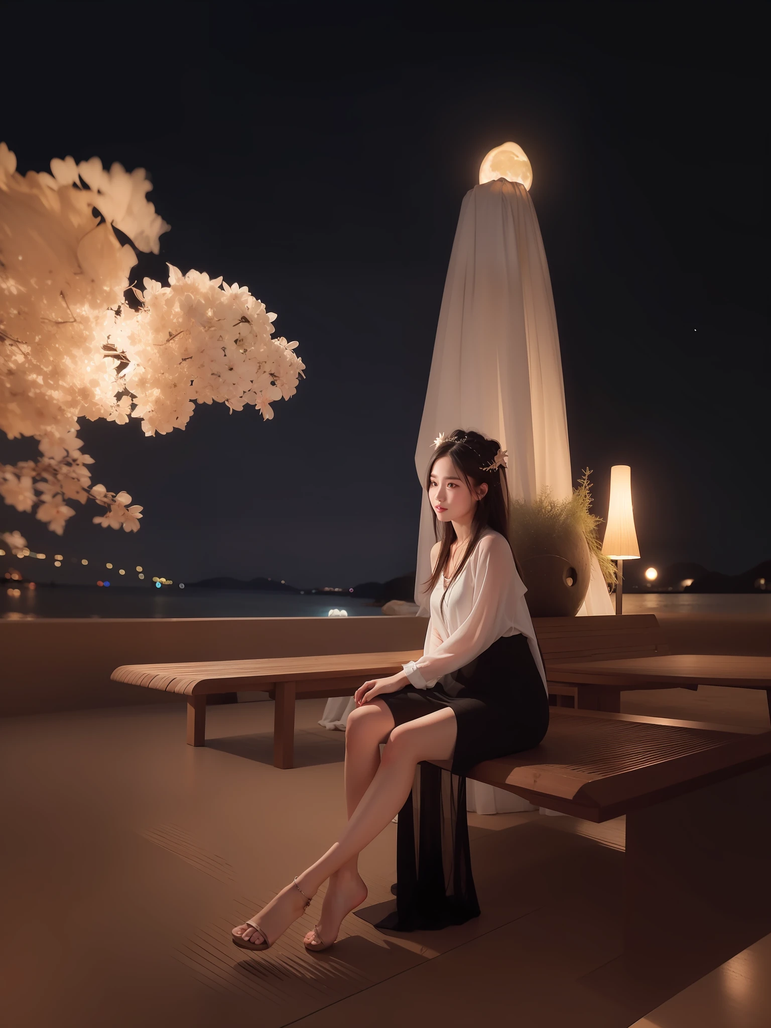 Background:Starry night at beach, moon light, blue eyes, lift heard up a bit