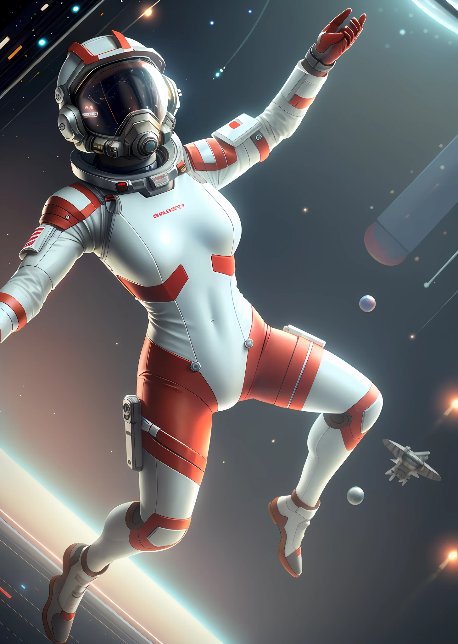 Very detailed RAW color photographs, (female astronaut in a red and white spacesuit, floating pose, arms and legs slack, futuristic helmet, mask, respirator), suspended in space, space, (science fiction), (two satellites), (very detailed, complex), (halo: 0.7), particle effects, light tracking, cinematic lighting, deep perspective, Sony lens, A9 II, 24 mm wide-angle lens, sharp focus, sharp focus, movie stills