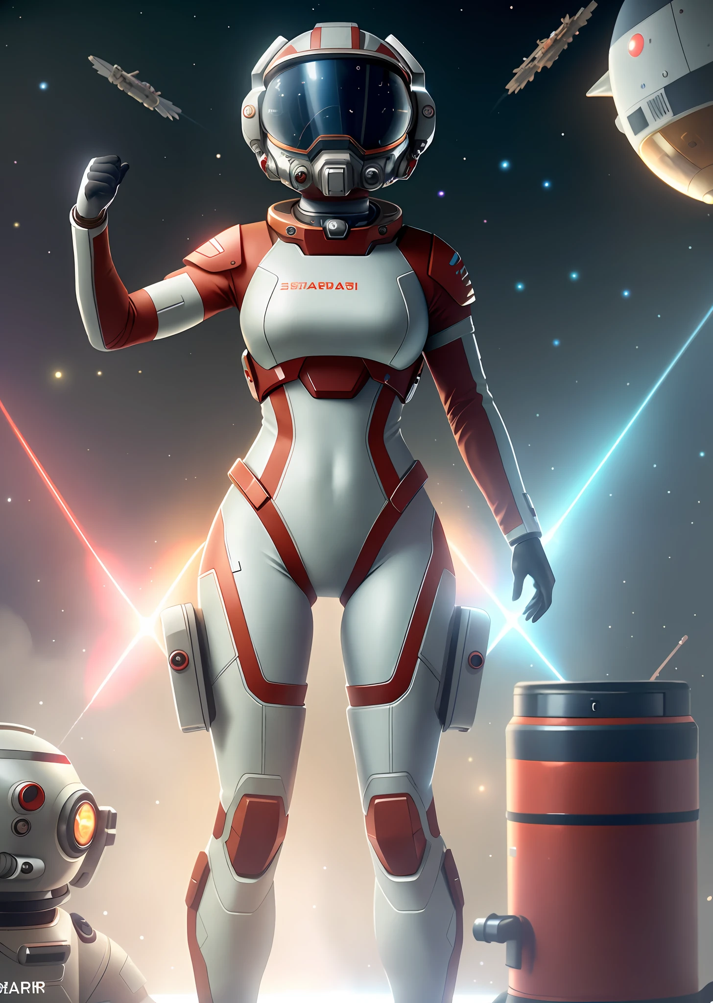 Very detailed RAW color photographs, (female astronaut in a red and white spacesuit, floating pose, arms and legs slack, futuristic helmet, mask, respirator), suspended in space, space, (science fiction), (two satellites), (very detailed, complex), (halo: 0.7), particle effects, light tracking, cinematic lighting, deep perspective, Sony lens, A9 II, 24 mm wide-angle lens, sharp focus, sharp focus, movie stills