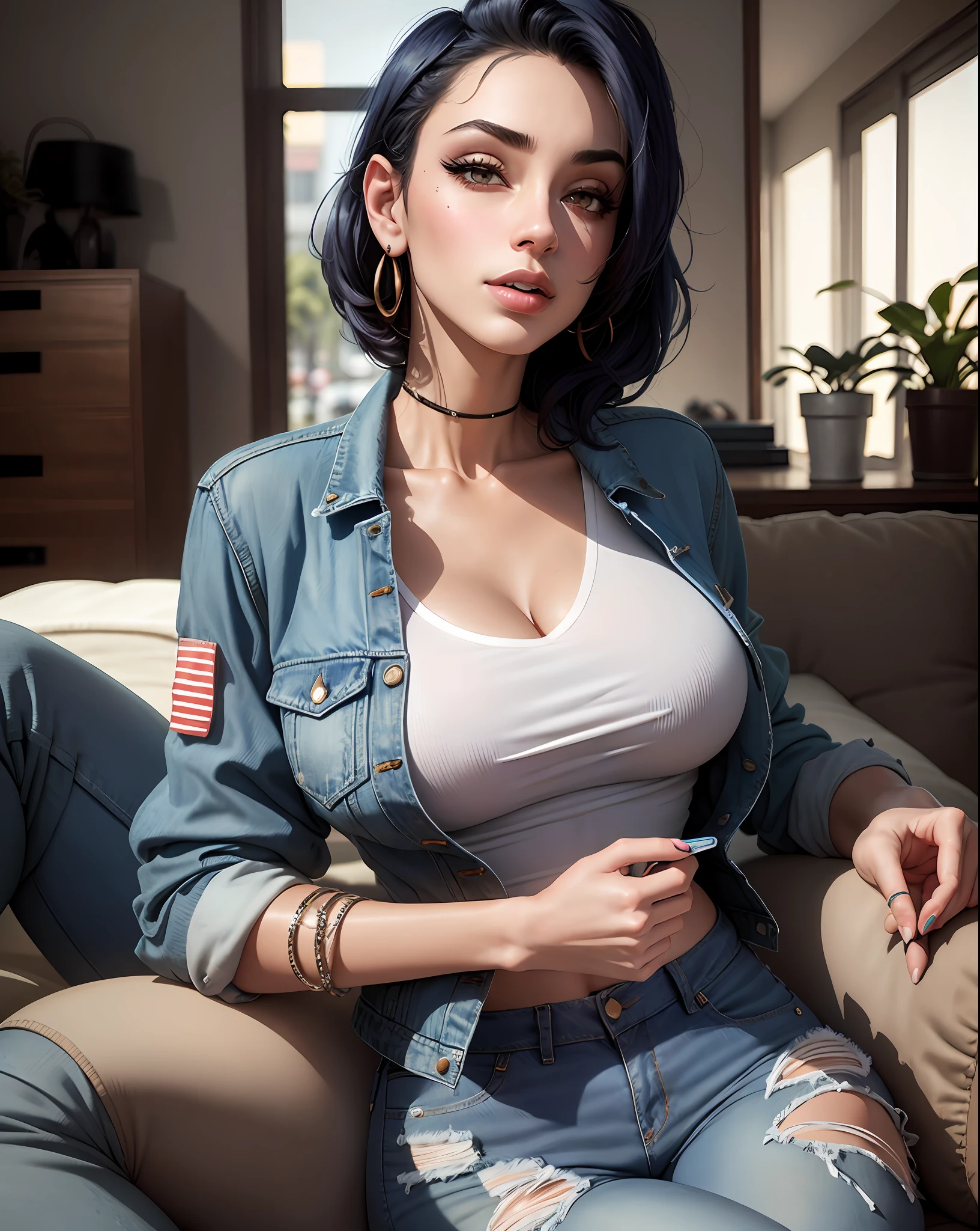 Nyvi Estephan woman in a denim jacket and jeans posing for a photo, female model, double jeans, sexy girl, casual pose, denim jacket, wearing a shirt and a jeans, wearing jeans, sexy look, jeans, blue jeans