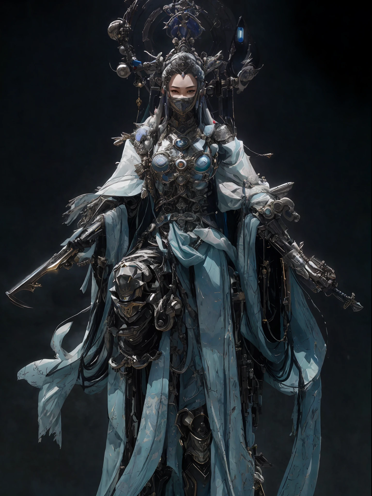 a close up of a statue of a woman with a sword, hyperdetailed fantasy character, cyberpunk robotic elvish queen, portrait of a cyborg queen, simple futurist cyborg empress, very beautiful cyberpunk samurai, cgsociety and fenghua zhong, beautiful cyborg priestess, by Russell Dongjun Lu, by Zhou Chen, award winning concept artist, portrait of a robot shaman