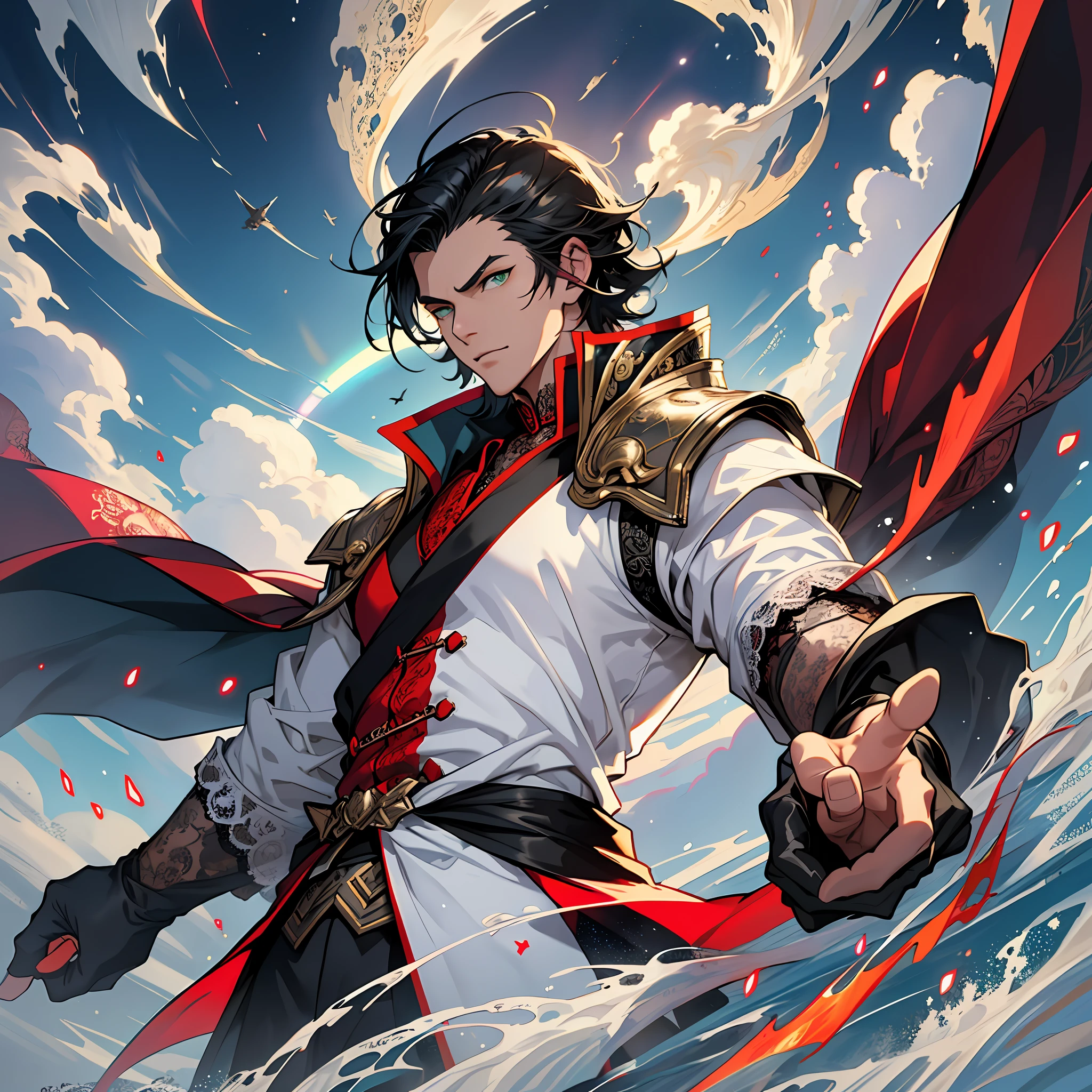 handsome oriental guy, bright green eyes, shoulder-length black hair, red vest, (((white shirt with lace collar))), high quality, detailed, anime, high quality, high detail aristocrats, royalty, (luminous particles: 1.3), moonlight, lens flare, (cinematic light), illustration, royalty, [: (detailed face: 1.2): 0.2], detailed, detailed clothing, (detailed background: 1.3), dynamic pose, 30 years old, concept art,  splashart, particles, wind, fire, upper body, simple background with gear elements, ((male))