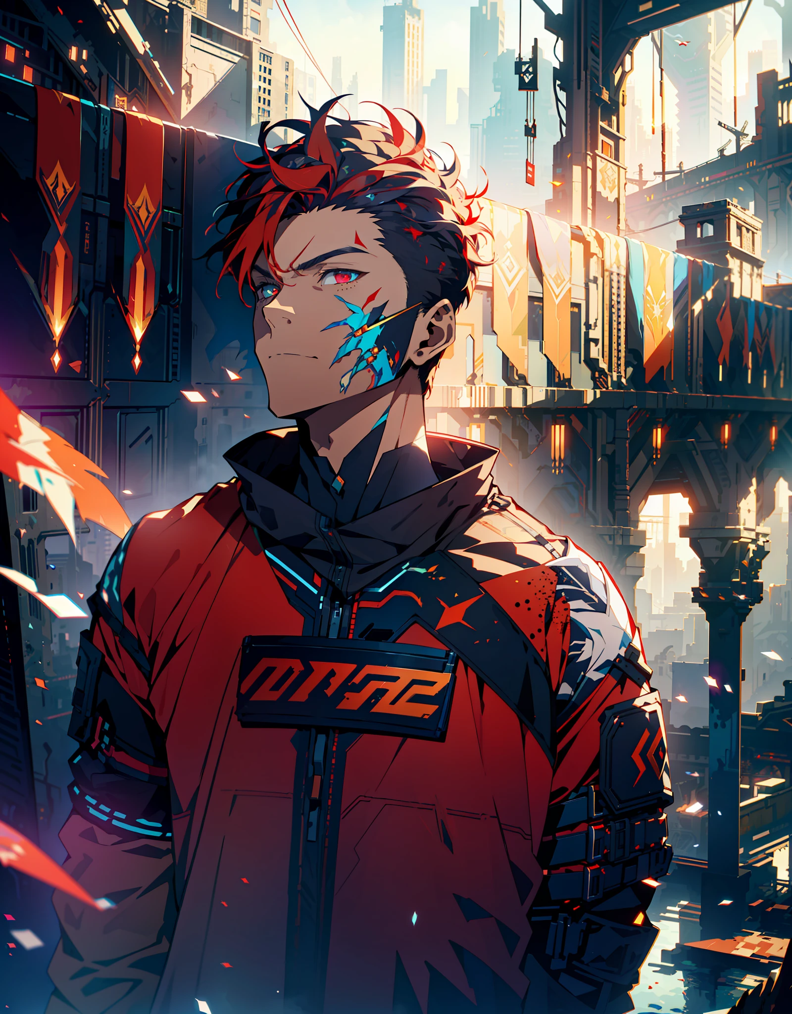 Cyberpunk male, fantasy world, dark background, clean design, epic instagram, artstation, colorful paint splatter, silhouette, hyper detailed intricate details, unreal engine, fantasy, intricate details, splash screen, complementary colors, Fantasy concept art, 8k resolution, deviantart masterpiece, oil painting, heavy strokes, paint dripping, (isolated on white background: 1.3), rainbow skin, (((handsome young man))), ((teenage:1.5) ), (glowing red eyes), ((light eyes)), ((((short red hair: 1.1))), ((red clothes)), (prince\\(indifferent expression\\),, ( ((Wears high detail luxurious clothes))), red hair, frost magic, ((chest) --v 6