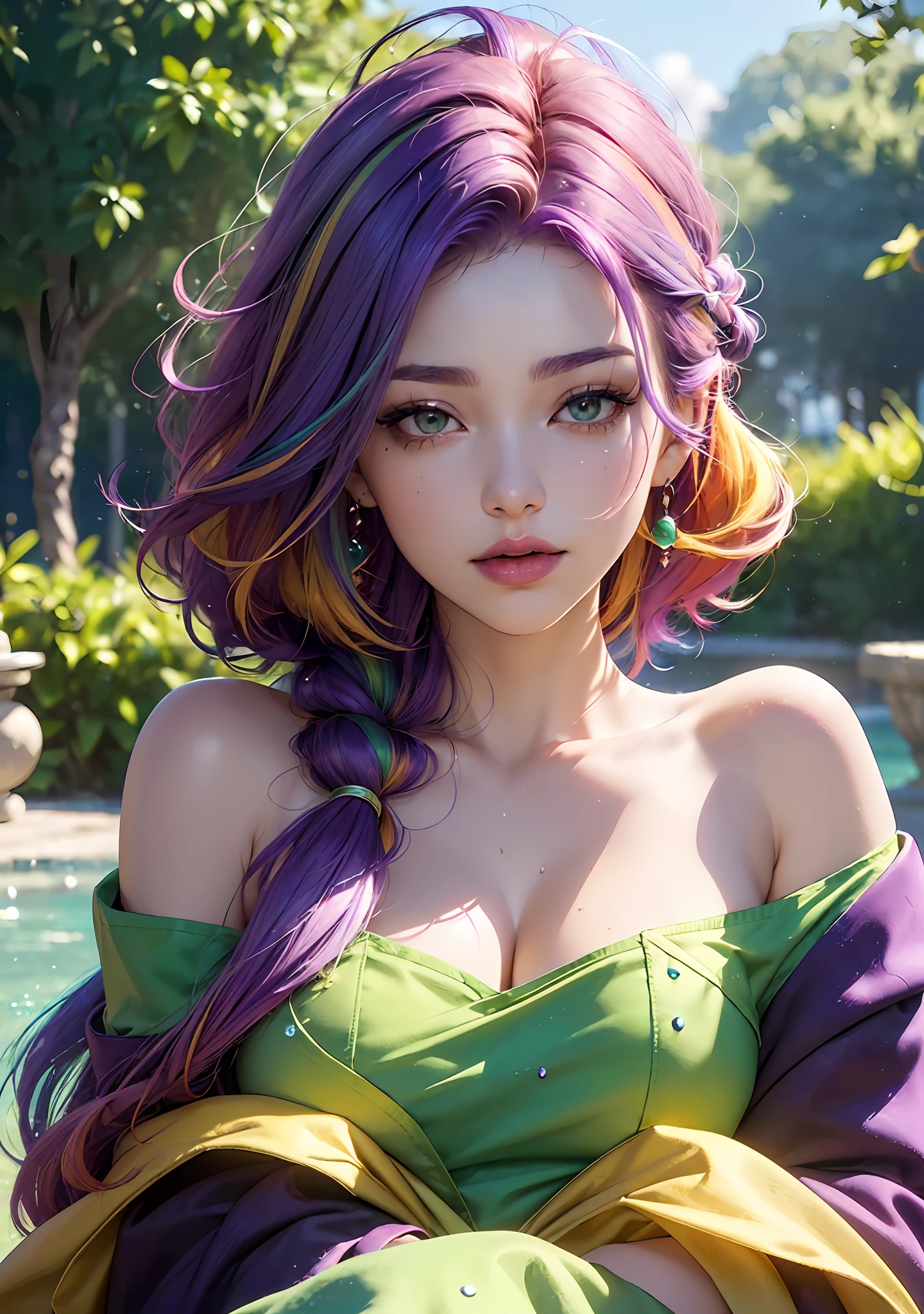 (extremely detailed CG unity 8k wallpaper,masterpiece, best quality, ultra-detailed),(an extremely delicate and beautiful),(dynamic angle,portrait),(multicolored_hair+purple hair+green hair+yellow hair+red hair:1.2),(off shoulder), beautiful face, glowing skin,depth of field, lush greenery,sparkling water droplets, vivid colors