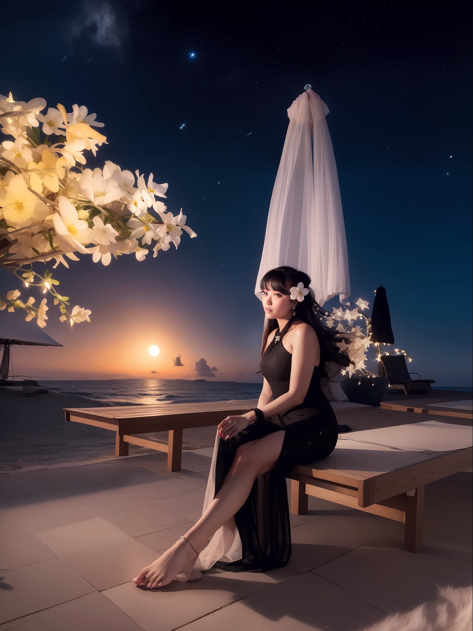 Starry night at beach, moon light, ultra detailed beautiful legs, ultra detailed beautiful toe, ultra detailed beautiful hands ultra detailed beautiful face