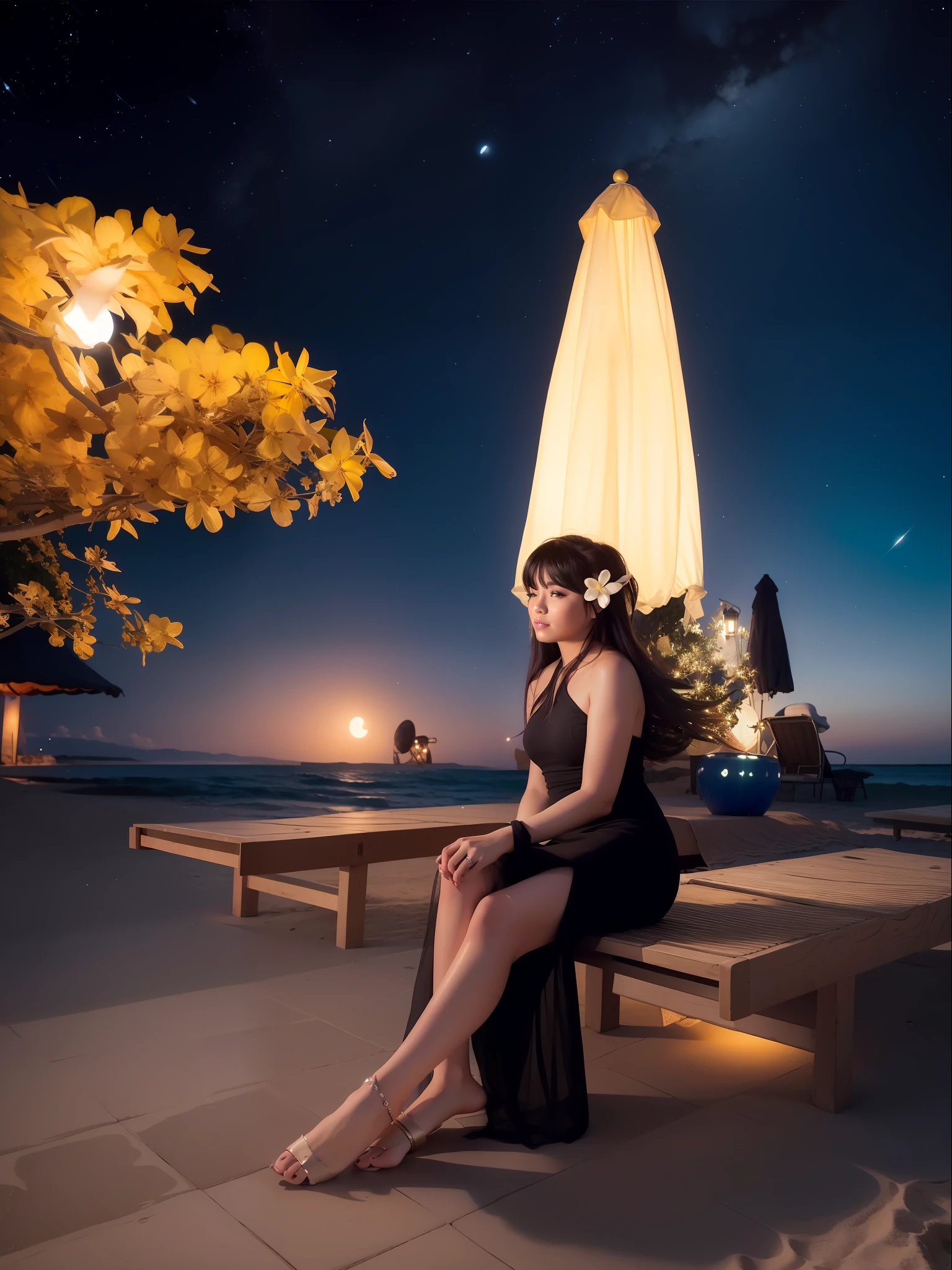 Starry night at beach, moon light, ultra detailed beautiful legs, ultra detailed beautiful toe, ultra detailed beautiful hands ultra detailed beautiful face