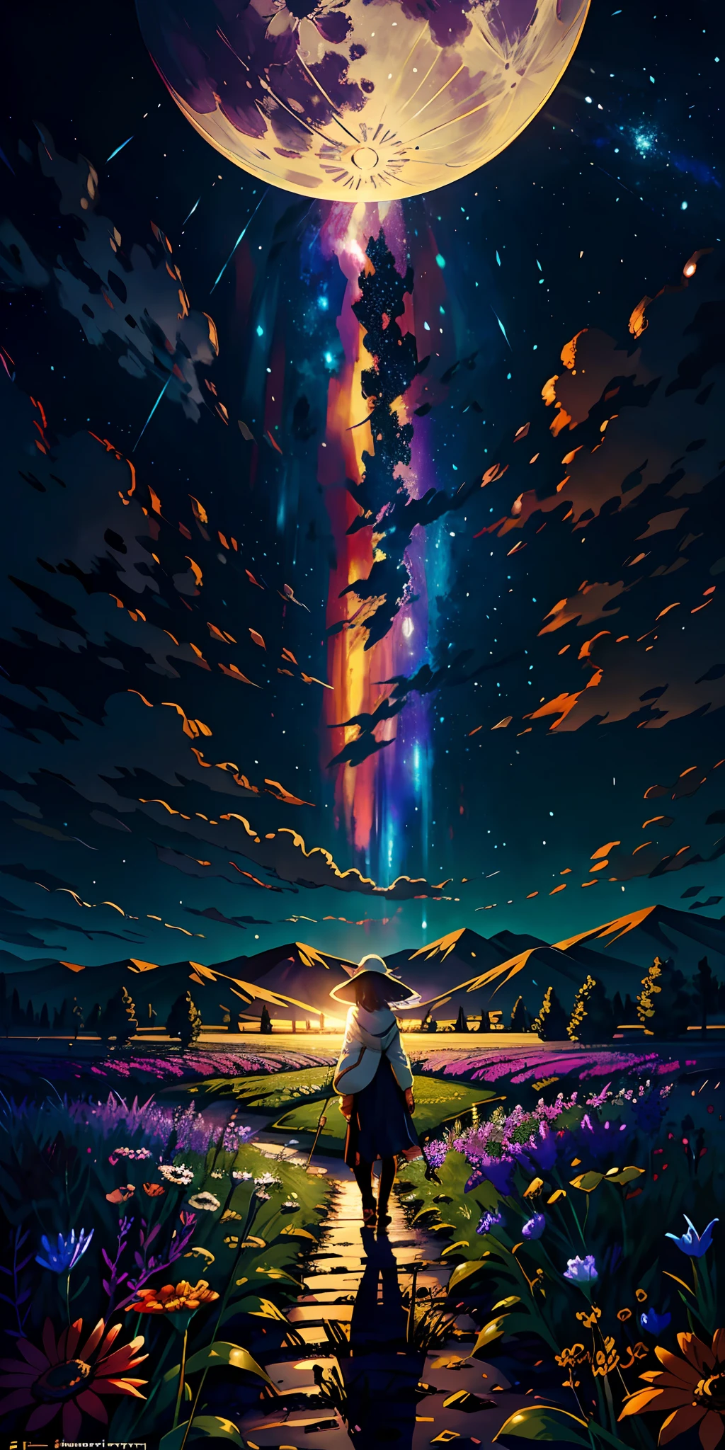 A wide landscape photo, (viewed from below, the sky is above, and the open field is below), a girl standing on a flower field looking up, (full moon: 1.2), (meteor: 0.9), (nebula: 1.3), distant mountains , Trees BREAK Crafting Art, (Warm Light: 1.2), (Firefly: 1.2), Lights, Lots of Purple and Orange, Intricate Details, Volumetric Lighting BREAK (Masterpiece: 1.2), (Best Quality), 4k, Ultra Detailed, (Dynamic Composition: 1.4), Rich in Detail and Color, (Rainbow Color: 1.2), (Glow, Atmospheric Lighting), Dreamy, Magical, (Solo: 1.2)