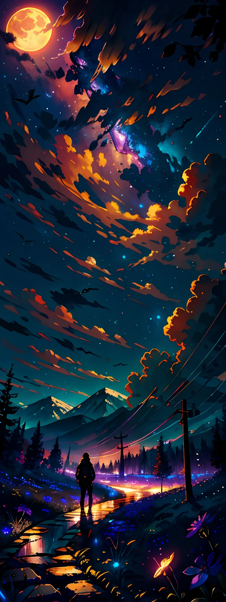 expansive landscape photograph , (a view from below that shows sky above and open field below), a girl standing on flower field looking up, (full moon:1.2), ( shooting stars:0.9), (nebula:1.3), distant mountain, tree BREAK
production art, (warm light source:1.2), (Firefly:1.2), lamp, lot of purple and orange, intricate details, volumetric lighting BREAK
(masterpiece:1.2), (best quality), 4k, ultra-detailed, (dynamic composition:1.4), highly detailed, colorful details,( iridescent colors:1.2), (glowing lighting, atmospheric lighting), dreamy, magical, (solo:1.2)