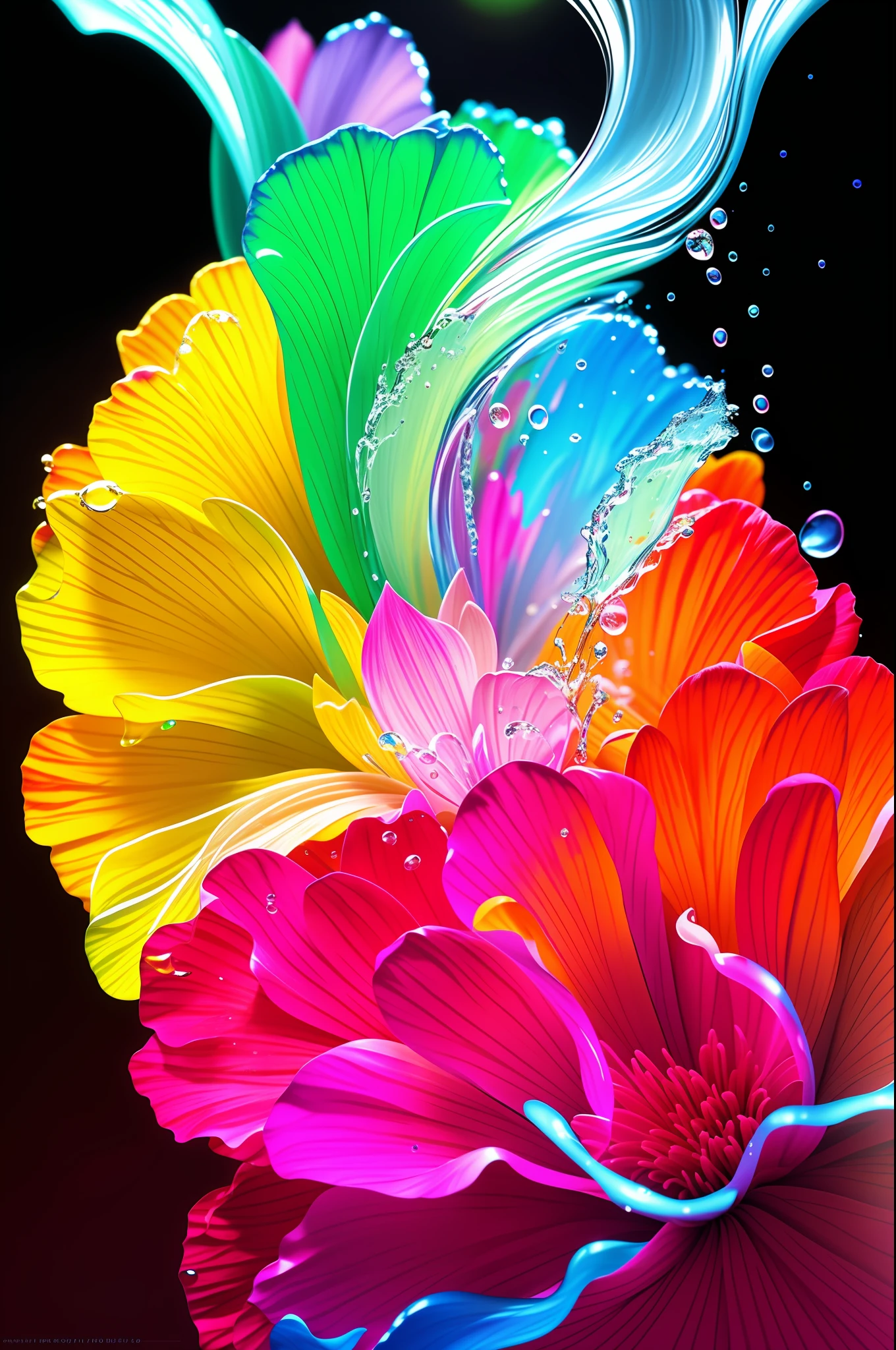 brightly colored flowers with bubbles of water in the background, beautiful art uhd 4 k, colorful 8 k, colorful 4k, 4k hd wallpaper:4, 3d digital art 4k, 4k highly detailed digital art, digital artwork 4 k, colorful hd picure, 8k stunning artwork, vibrant and rich colors, beautiful composition 3 - d 4 k