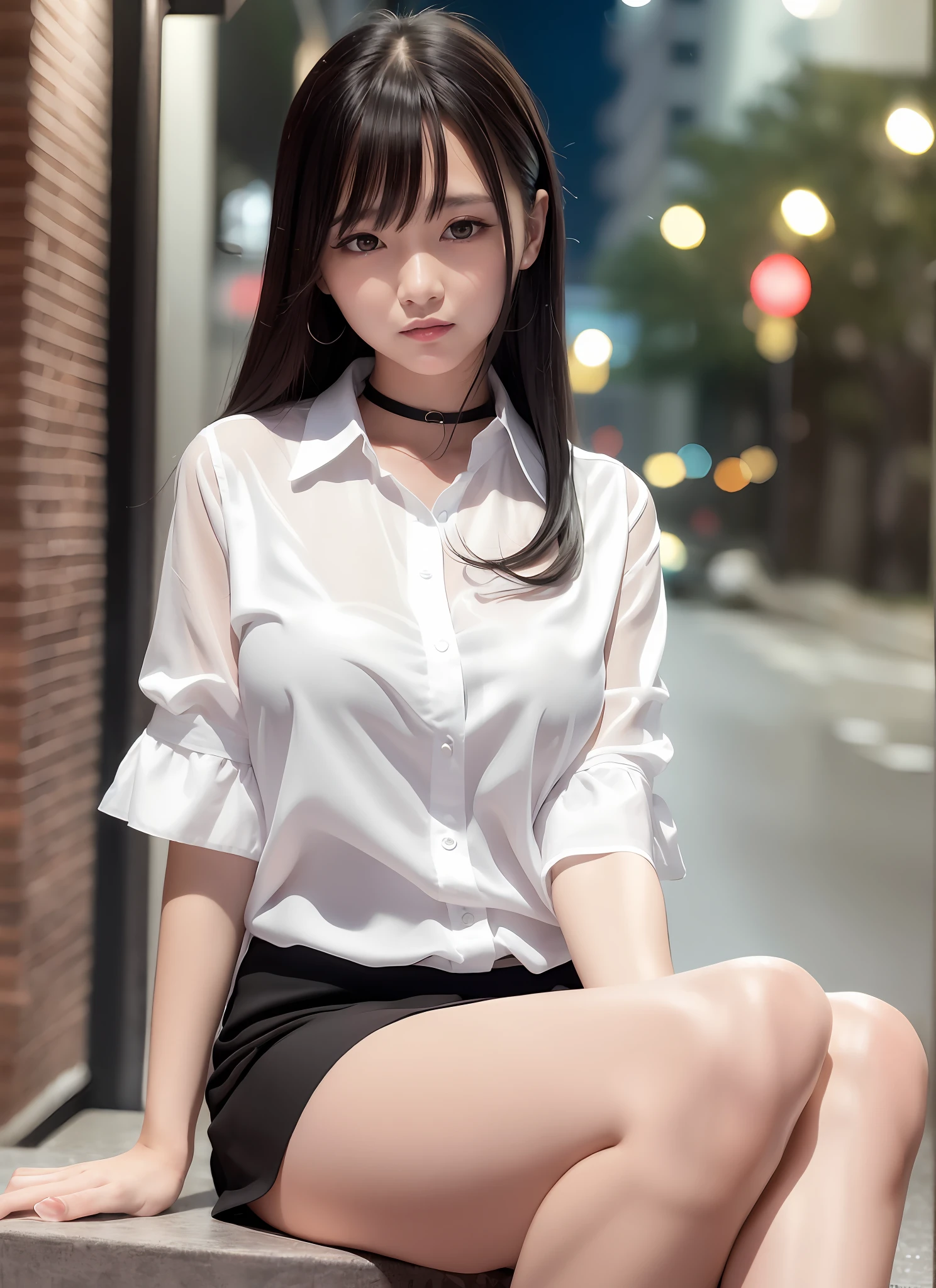 ((Yitong Li)), 8K, Best Quality, Masterpiece, 1.2x weighting), 10,000 cute, indie, beautiful girl, super detail, sky and café detail, night date, sitting (red nose),, coquettish, sweet smile (smile 1.15), deep beautiful eyes, (1.1x weighted collar shirt), black short skirt, white stockings, white shirt, professional skirt, flowing long hair, novafrog style, half nude,, rain, bangs, high school student, gray background, well-behaved, Pure desire, name brand on chest, enjoyment, sexy,, protruding, eyes half open, smile, rosy complexion