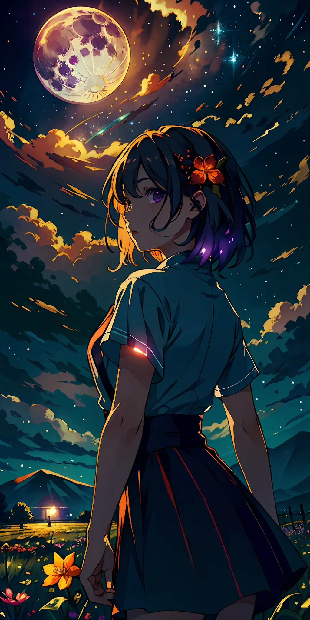 A wide landscape photo, (viewed from below, the sky is above, and the open field is below), a girl standing on a flower field looking up, (full moon: 1.2), (meteor: 0.9), (nebula: 1.3), distant mountains , Trees BREAK Crafting Art, (Warm Light: 1.2), (Firefly: 1.2), Lights, Lots of Purple and Orange, Intricate Details, Volumetric Lighting BREAK (Masterpiece: 1.2), (Best Quality), 4k, Ultra Detailed, (Dynamic Composition: 1.4), Rich in Detail and Color, (Rainbow Color: 1.2), (Glow, Atmospheric Lighting), Dreamy, Magical, (Solo: 1.2)