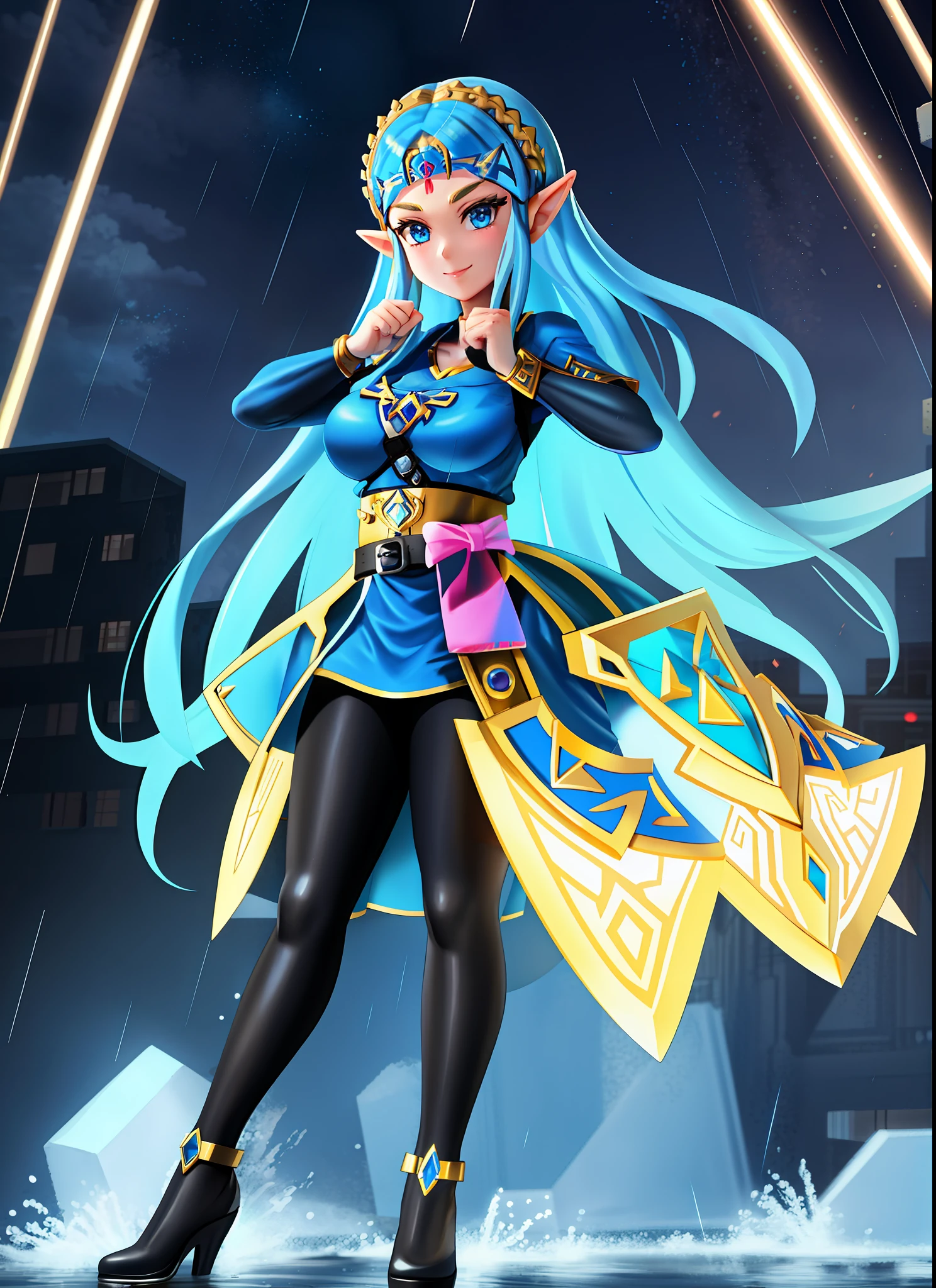 Full body image, (((1 Princess Zelda))), black outfit with blue like Kamen Rider/Spider Man, with giant breasts, standing on the ground, outfit extremely tight on her body, body facing forward, staring at the viewer from the front, (gold belt with a round red colored stone), (she has long black hair, movement in the wind and blue eyes), Helmet on her head, closed hands, fists up, she is in a futuristic city with several destroyed buildings, with rain and thunder, her suit and hair are soaked with water, seductive smile, Kamen Rider Style, Tokusatsu Style, anime, anime style, 16k, UHD, high details, high quality, award winning, highres, masterpiece, ccurate