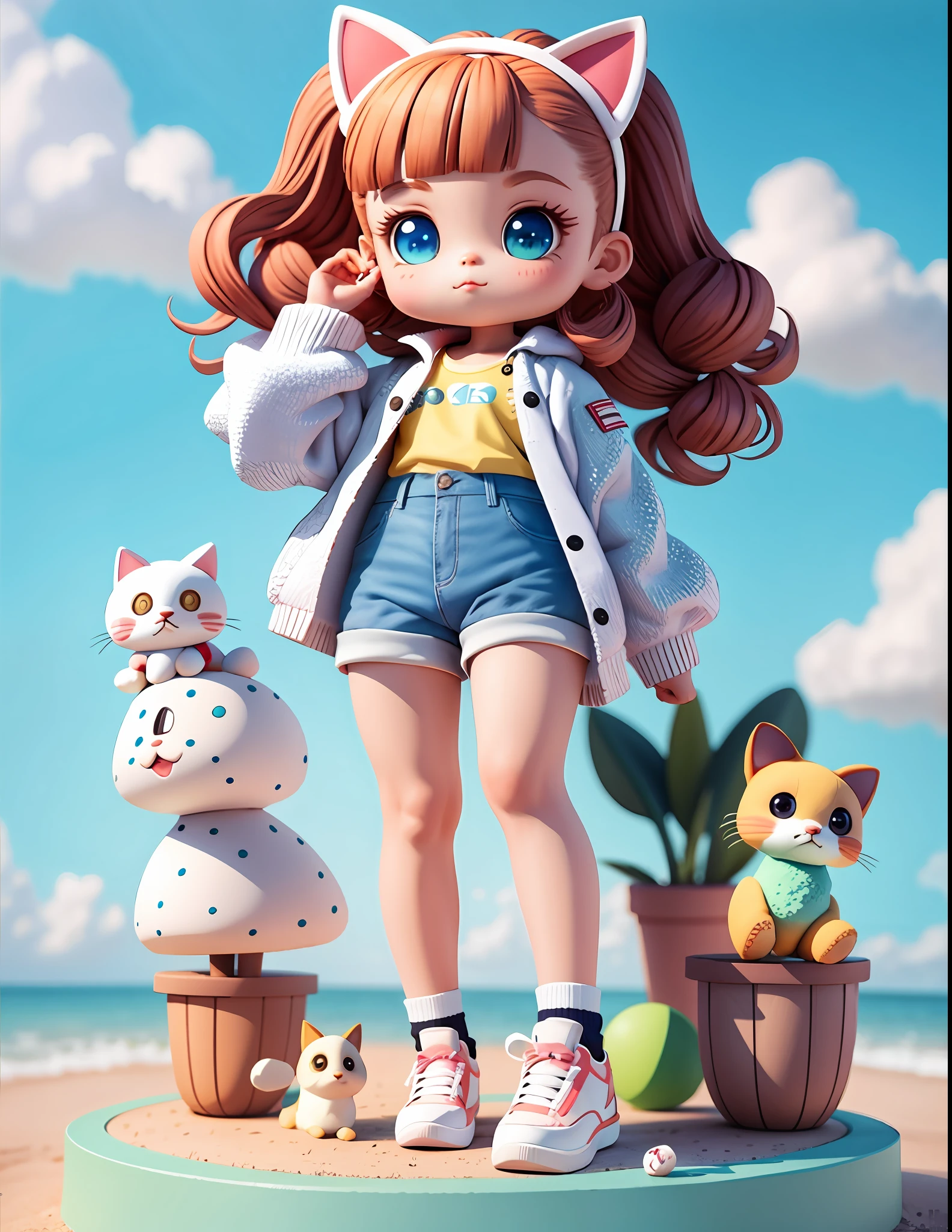 (masterpiece) Cute little girl with big sparkly eyes, eyes, full body, biker shorts, long waist hair, (biker), cats and dogs, city, sporty clothes, crisp details, popmart blind box, clay texture, clean background, natural light, best quality, ultra detail, 3d art, c4d, blender, oc renderer, 3d render, 8k, standing on a base with objects, simple background, Chibi, SD characters: 1.1