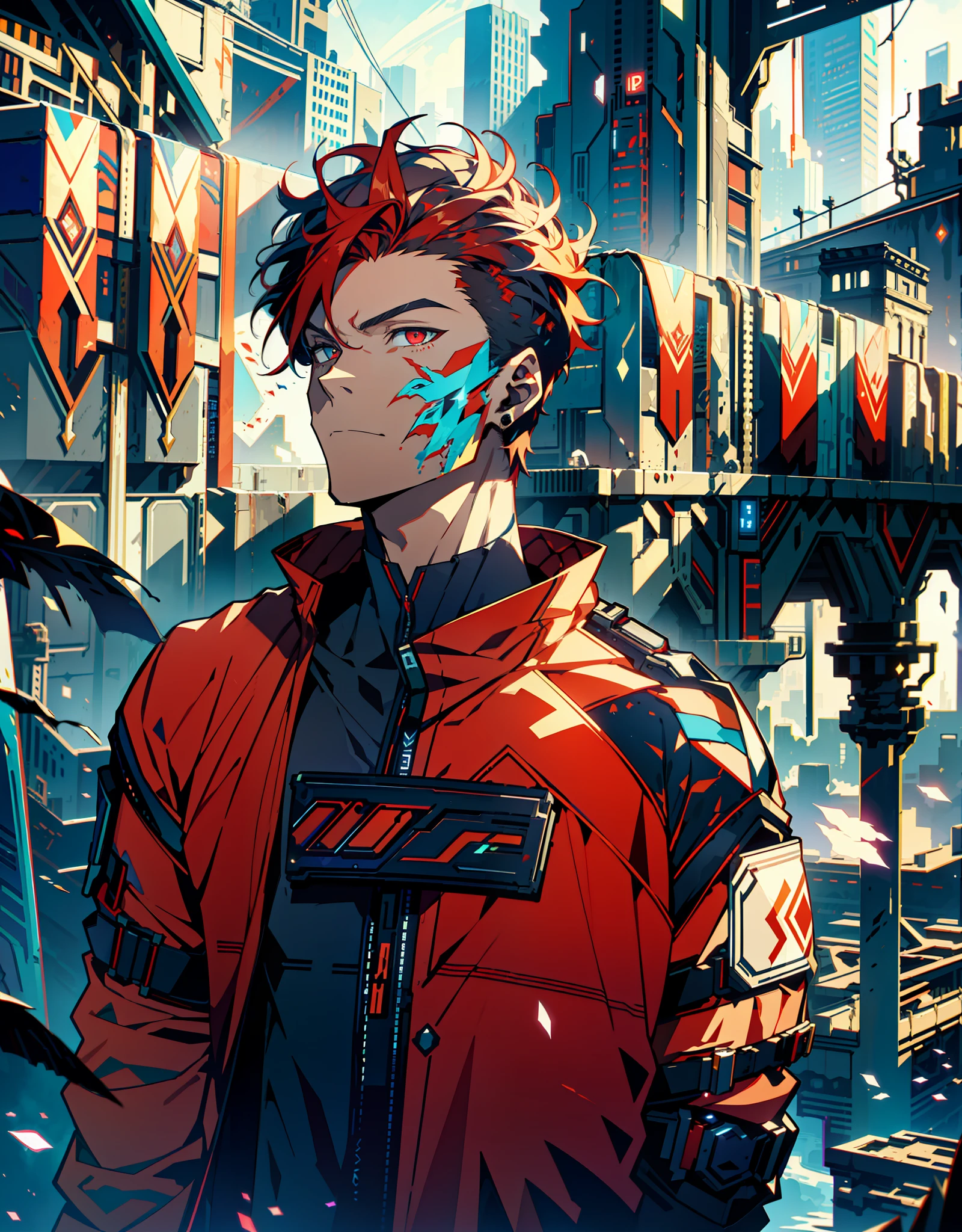 Cyberpunk male, fantasy world, dark background, clean design, epic instagram, artstation, colorful paint splatter, silhouette, hyper detailed intricate details, unreal engine, fantasy, intricate details, splash screen, complementary colors, Fantasy concept art, 8k resolution, deviantart masterpiece, oil painting, heavy strokes, paint dripping, (isolated on white background: 1.3), rainbow skin, (((handsome young man))), ((teenage:1.5) ), (glowing red eyes), ((light eyes)), ((((short red hair: 1.1))), ((red clothes)), (prince\\(indifferent expression\\),, ( ((Wears high detail luxurious clothes))), red hair, frost magic, ((chest) --v 6