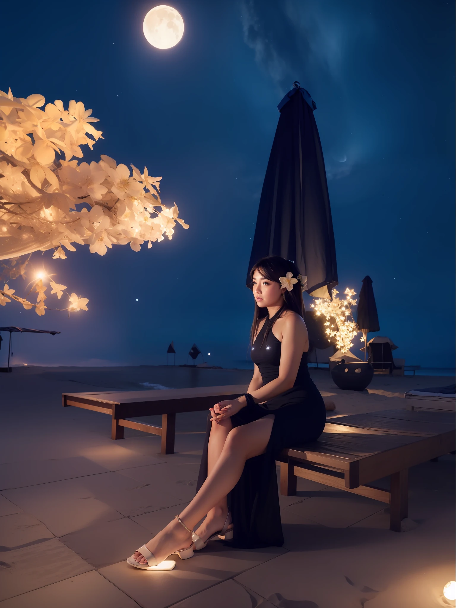Starry night at beach, moon light, ultra detailed beautiful legs, ultra detailed beautiful hands ultra detailed beautiful face, blue round eyes