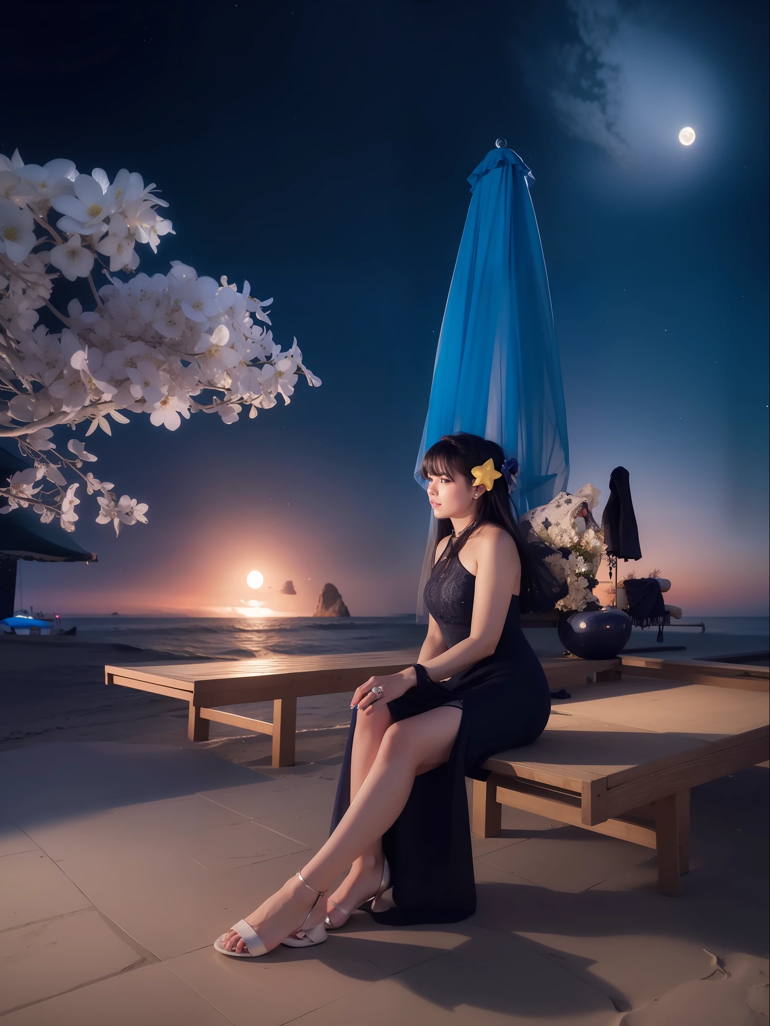 Starry night at beach, moon light, ultra detailed beautiful legs, ultra detailed beautiful hands ultra detailed beautiful face, blue round eyes