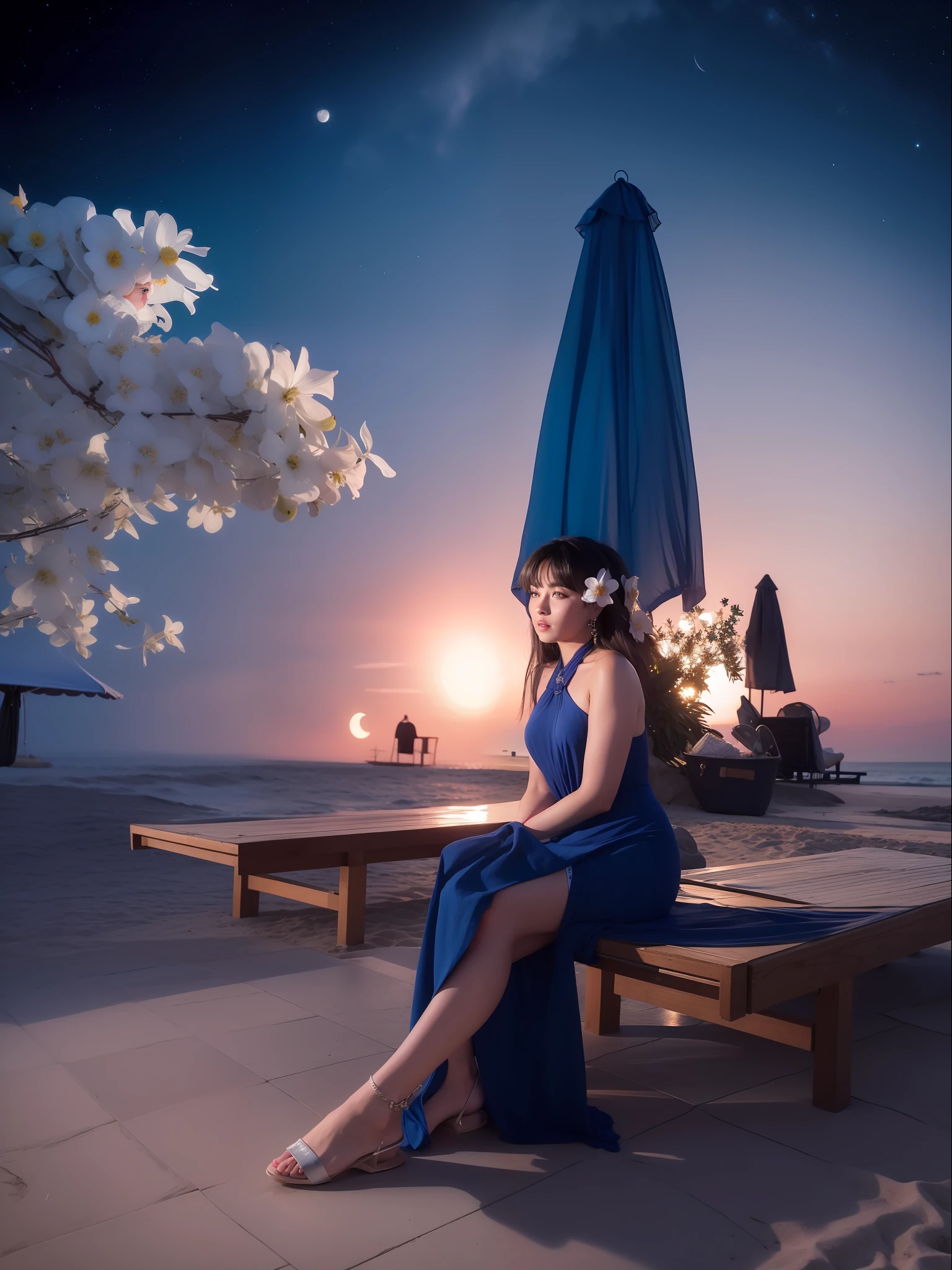 Starry night at beach, moon light, ultra detailed beautiful legs, ultra detailed beautiful hands ultra detailed beautiful face, blue round eyes