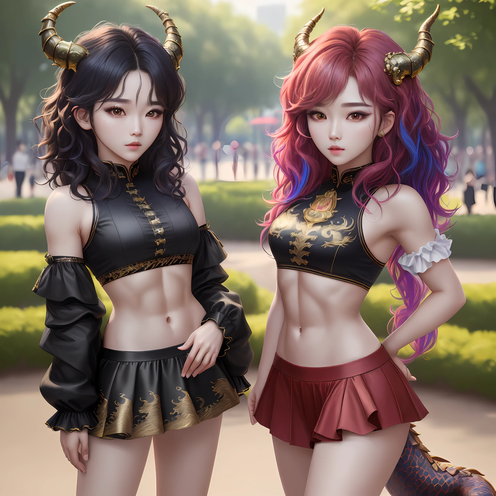 (Best Quality, 8k, 32k, Masterpiece, UHD:1.3), (kpop idol:1.3), Girl & Guy, (Short Wavy Hair), Abs, Perfect Body, Ultra Detailed Face, Detailed Lips, Detailed Hands, Detailed Legs, Dragon Eyes, Double Eyelids, In the Park, Day, K-pop Clothing, Multicolored Hair, Dragon Horns