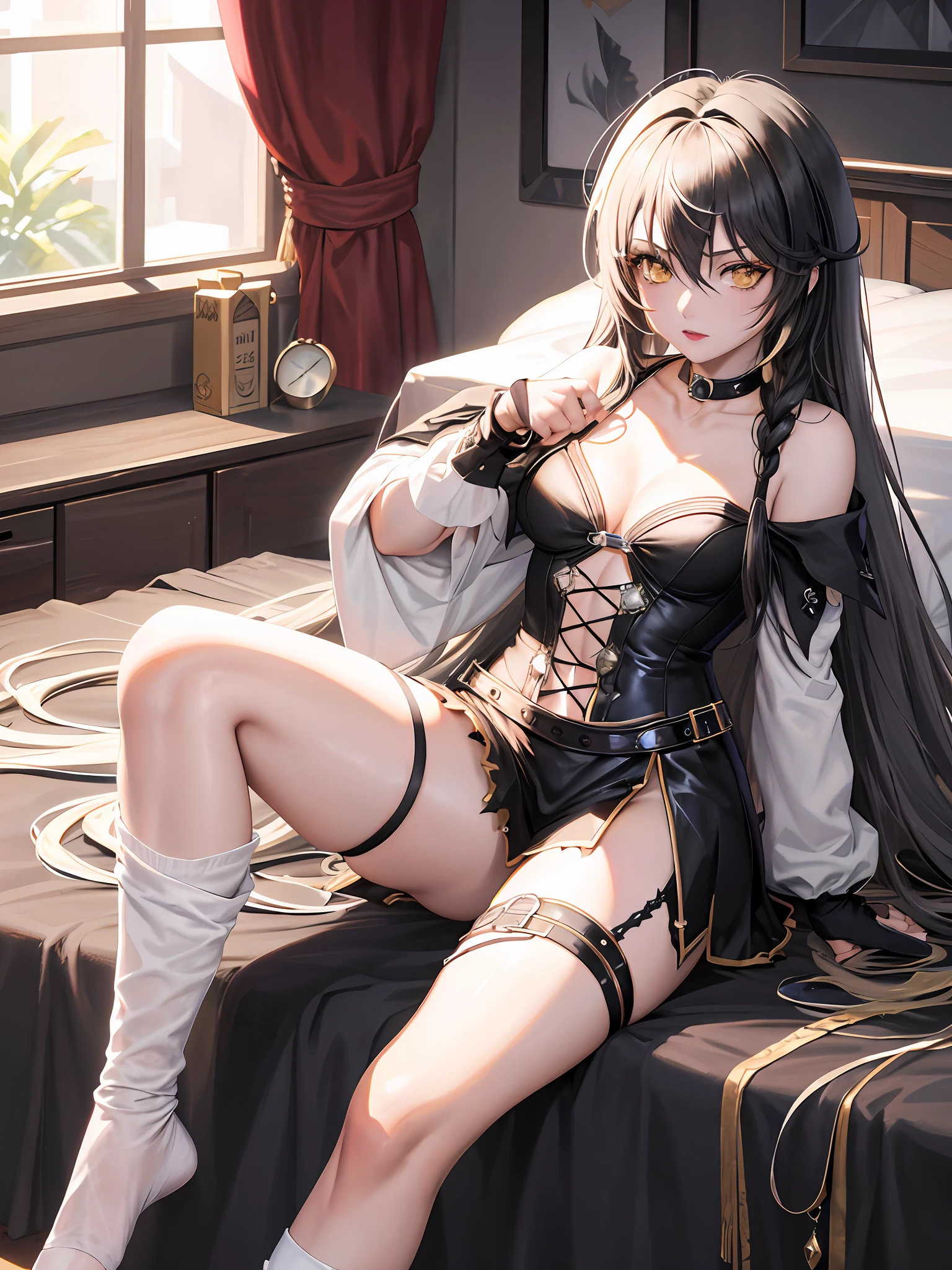 masterpiece, ultra high quality CG, best quality, perfect picture, solo, Velvet Crowe (yellow eyes, white skin, messy black hair too long, choker, small breasts, lipstick, makeup, eyeliner) wearing long white socks, sitting on the bed showing her feet to the viewer