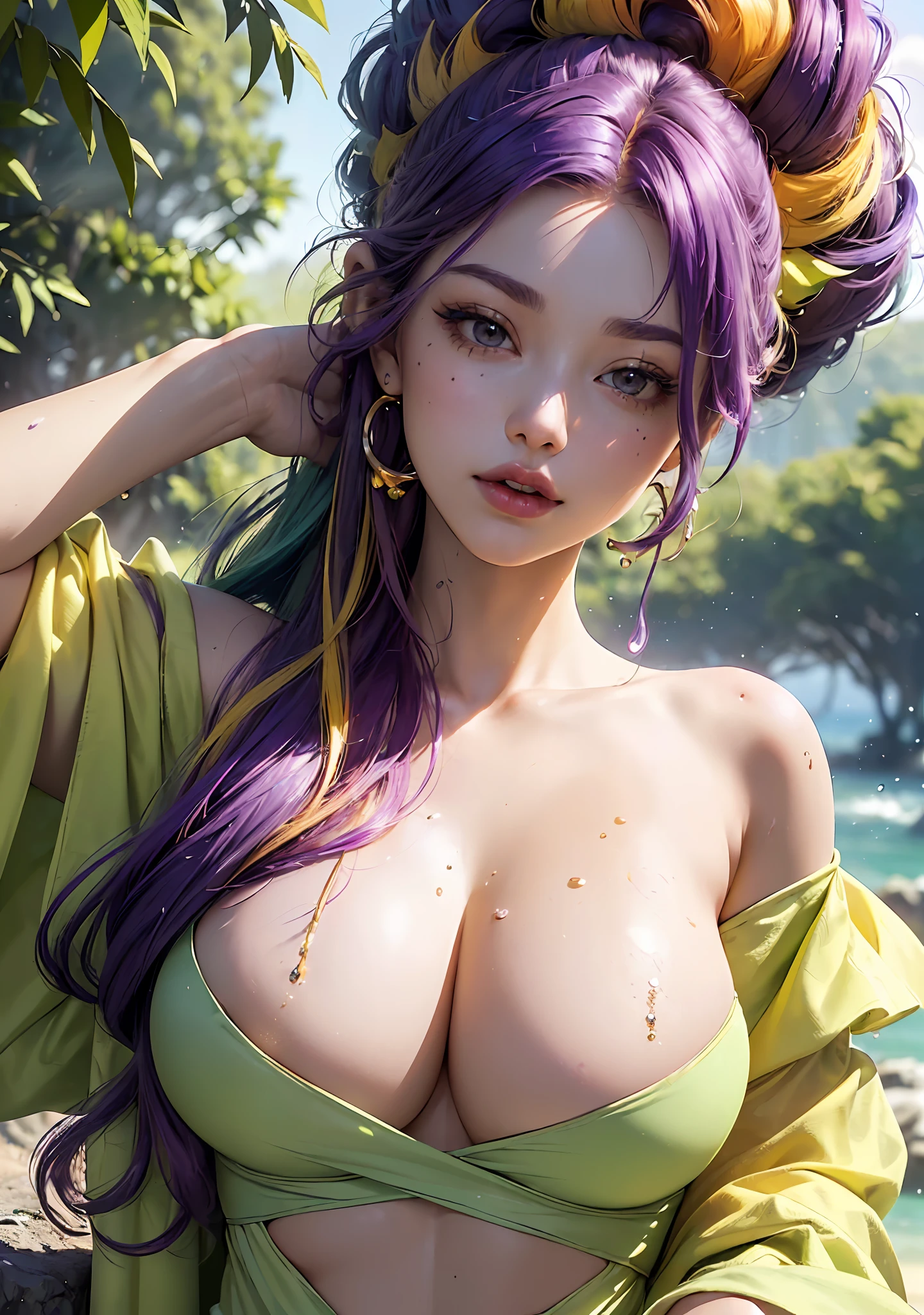 (extremely detailed CG unity 8k wallpaper,masterpiece, best quality, ultra-detailed),(an extremely delicate and beautiful),(dynamic angle,portrait),(multicolored_hair+purple hair+green hair+yellow hair+red hair:1.2),(off shoulder), beautiful face, glowing skin,depth of field, lush greenery,sparkling water droplets, vivid colors,  nsfw, (large breast)