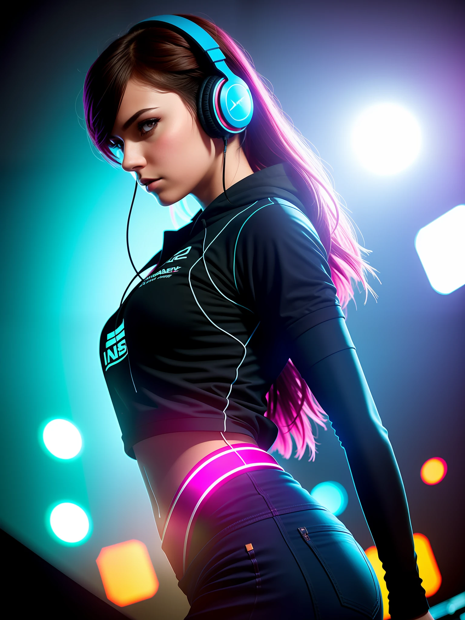 ssdarts a female dj with headphones, performing live on stage, dynamic pose, extatic, sweaty skin, sweaty clothes,wet short hair, ,dark athmosphere, Hyper-Realistic, Hyper-Detailed, best quality masterpiece, photorealistic, detailed, sharp focus, 8k, HDR, shallow depth of field, broad light, high contrast, backlighting, bloom, chromatic aberration, sharp focus,Artgerm, Greg Rutkowski, 35mm