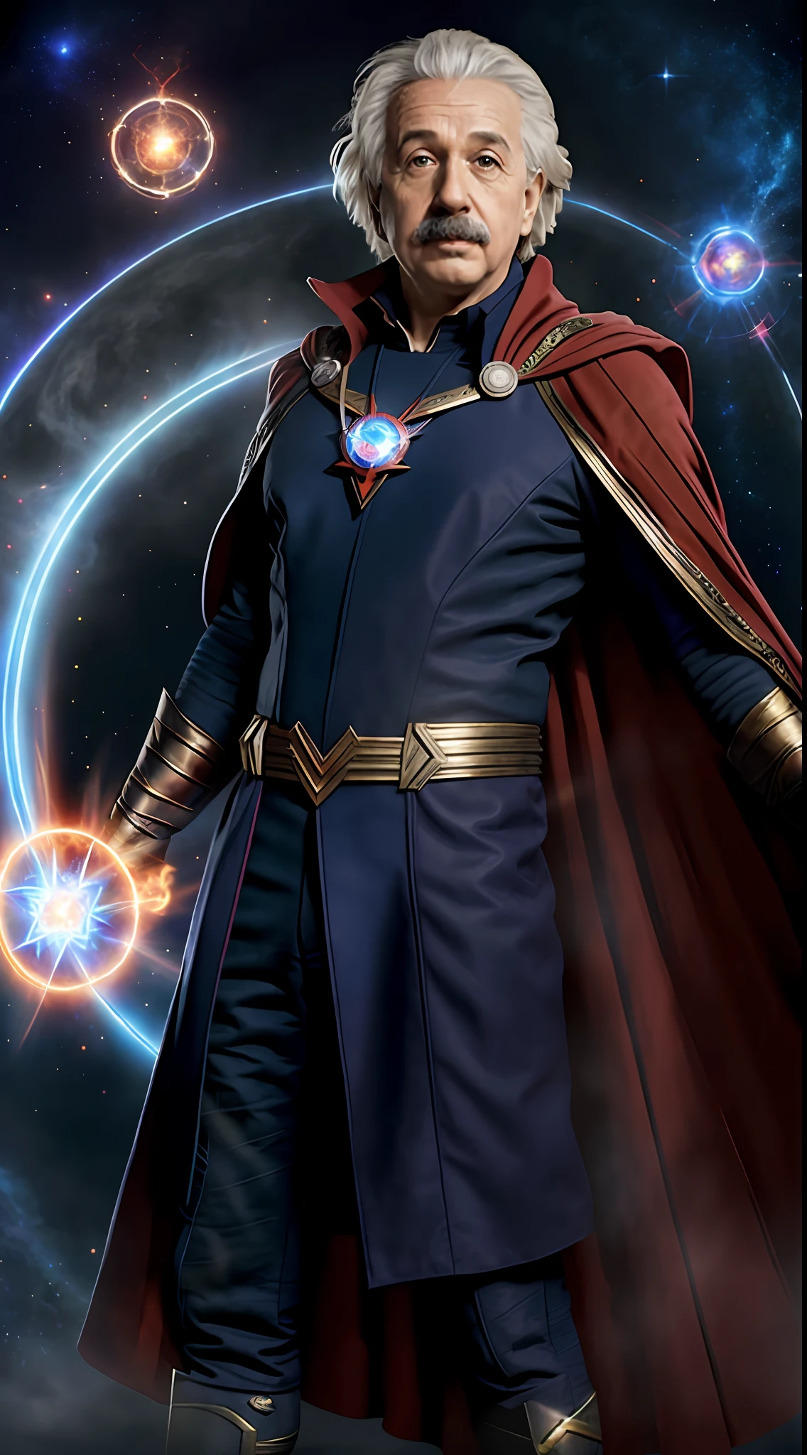 ((realistic)), (Albert Einstein as Doctor Strange from Marvel), (wearing eye of agamotto necklace), (the Red Cloak of Levitation) (small hand shield made of Eldritch Magic in both of has hand), (in background portals look like sparks in shape of glowing orange circle), [ superman style outfit, (Joseph Stalin as Superman) ], portrait style., high detail, VFX, Hero pose, award winning, best quality, masterpiece, 8k