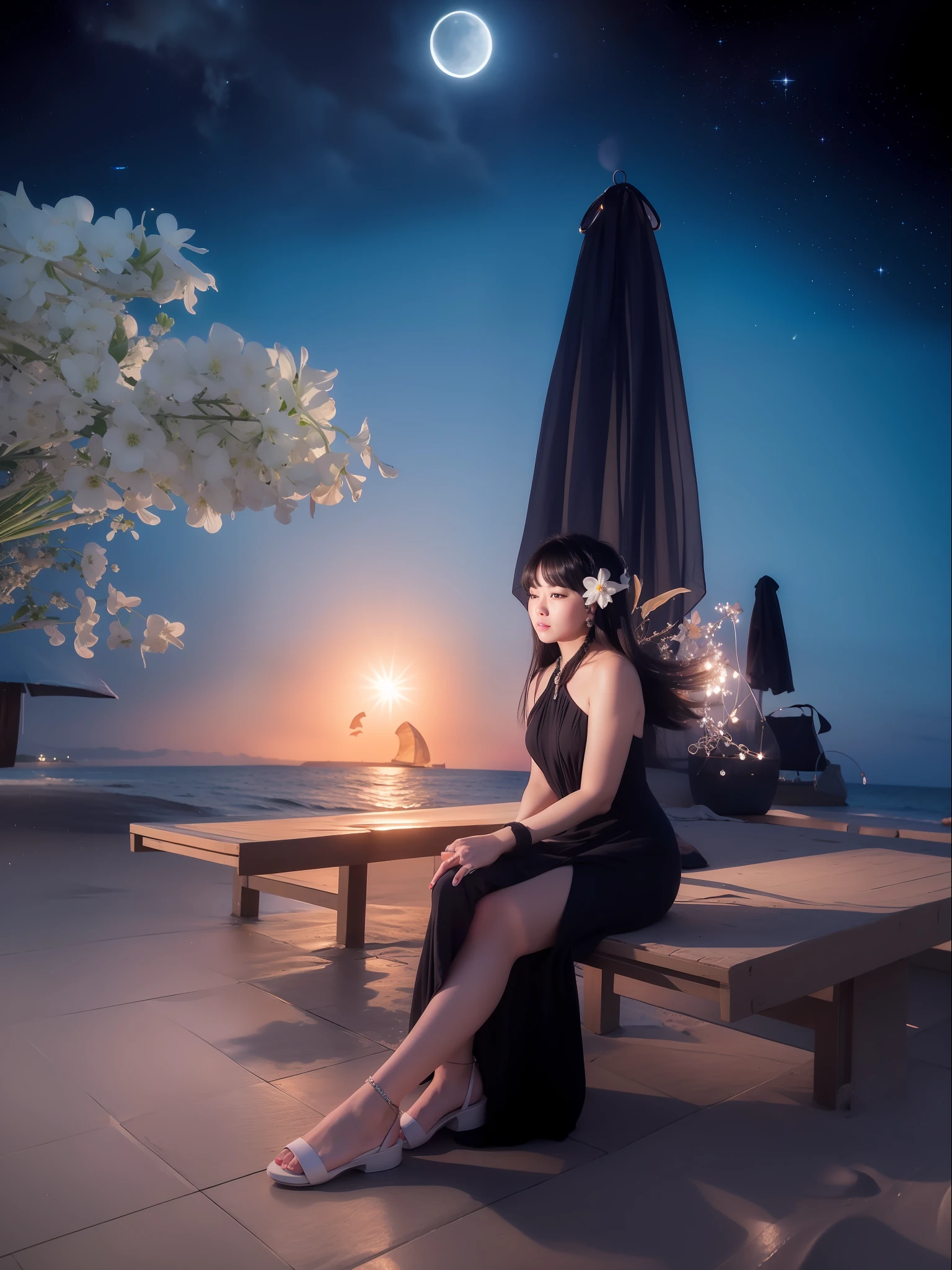 Starry night at beach, moon light, beautiful girl ultra detailed beautiful face