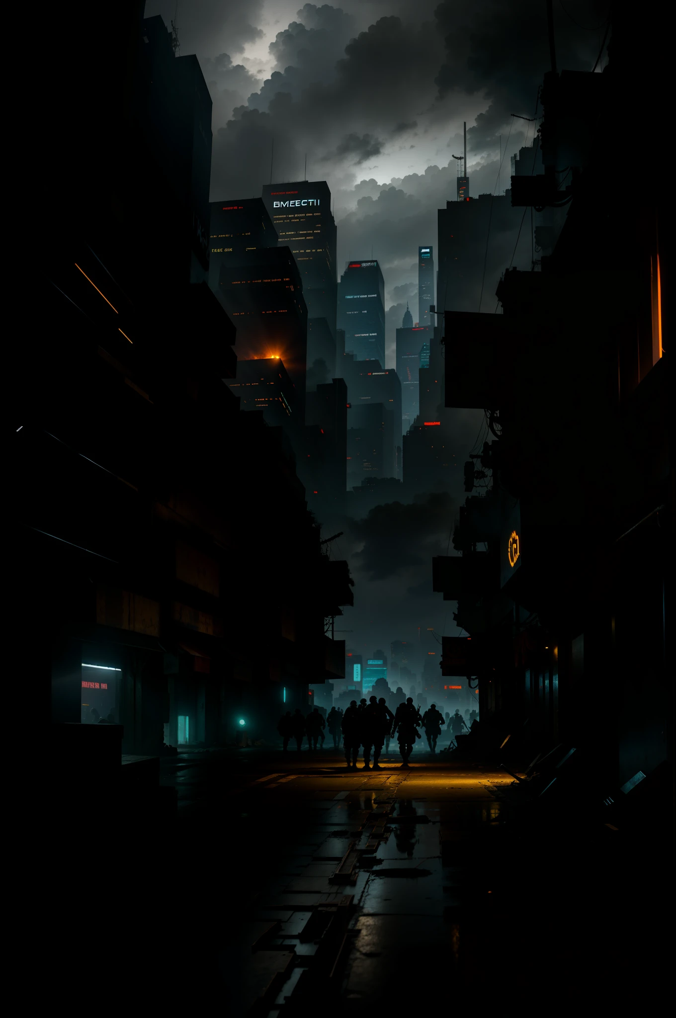 Ancient battlefield, medium shot, city streets, dim lighting, very gloomy picture layout, advanced film shots, cyberpunk backdrop