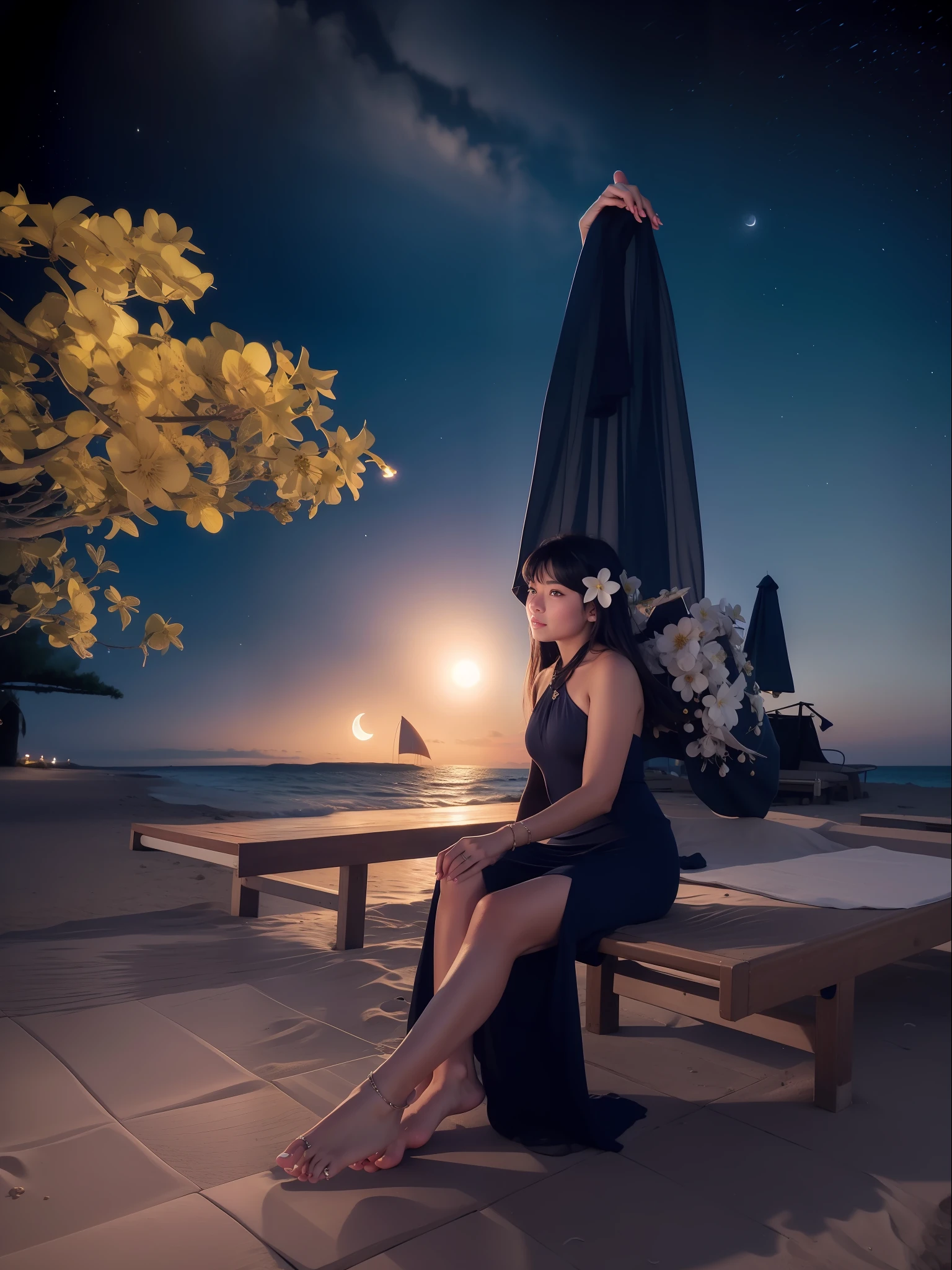 Starry night at beach, moon light, ultra detailed beautiful legs, ultra detailed beautiful toe, ultra detailed beautiful hands ultra detailed beautiful face