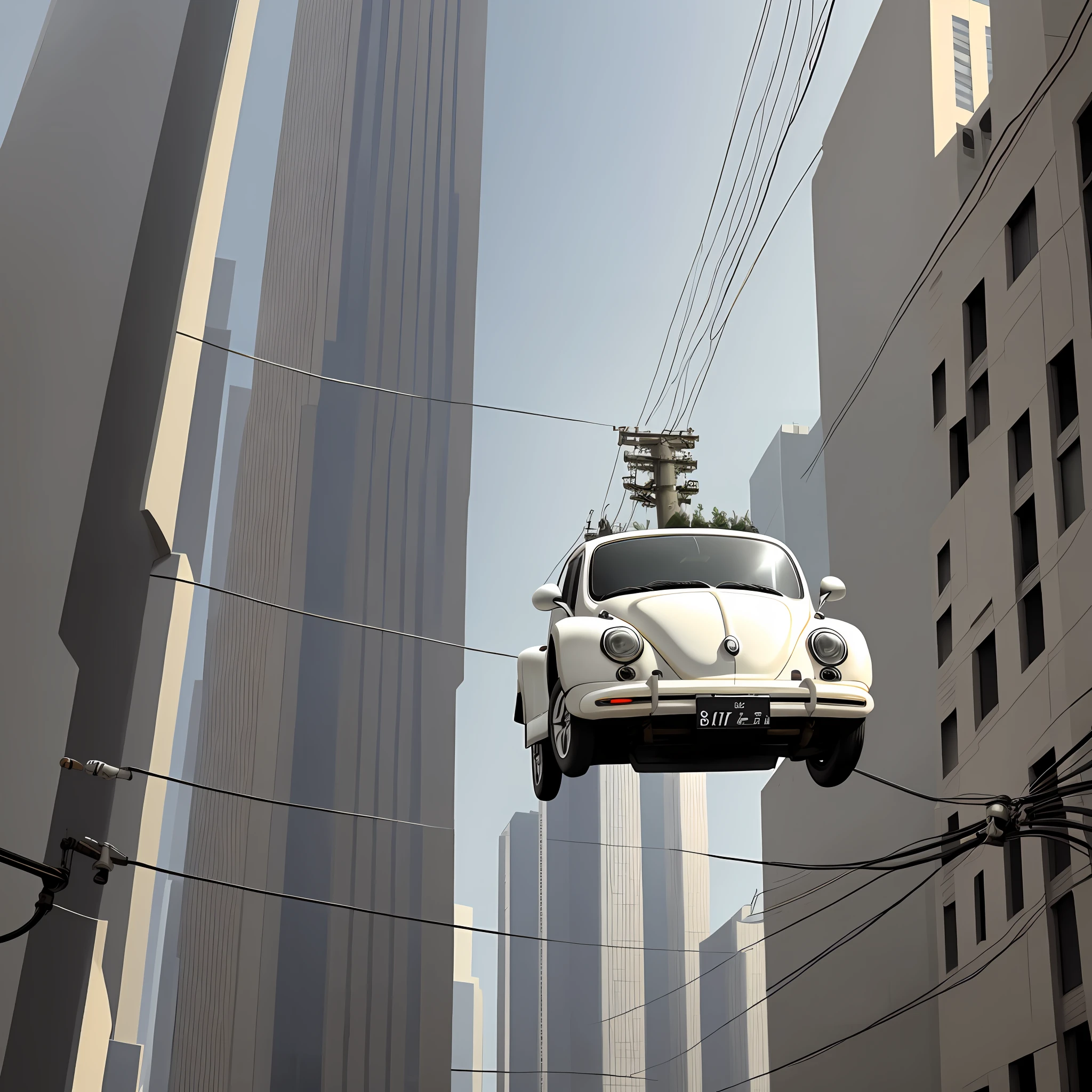 White Beetle walking on two wires of electric power on pole in the air and down large urban car traffic jam all happening in urban environment