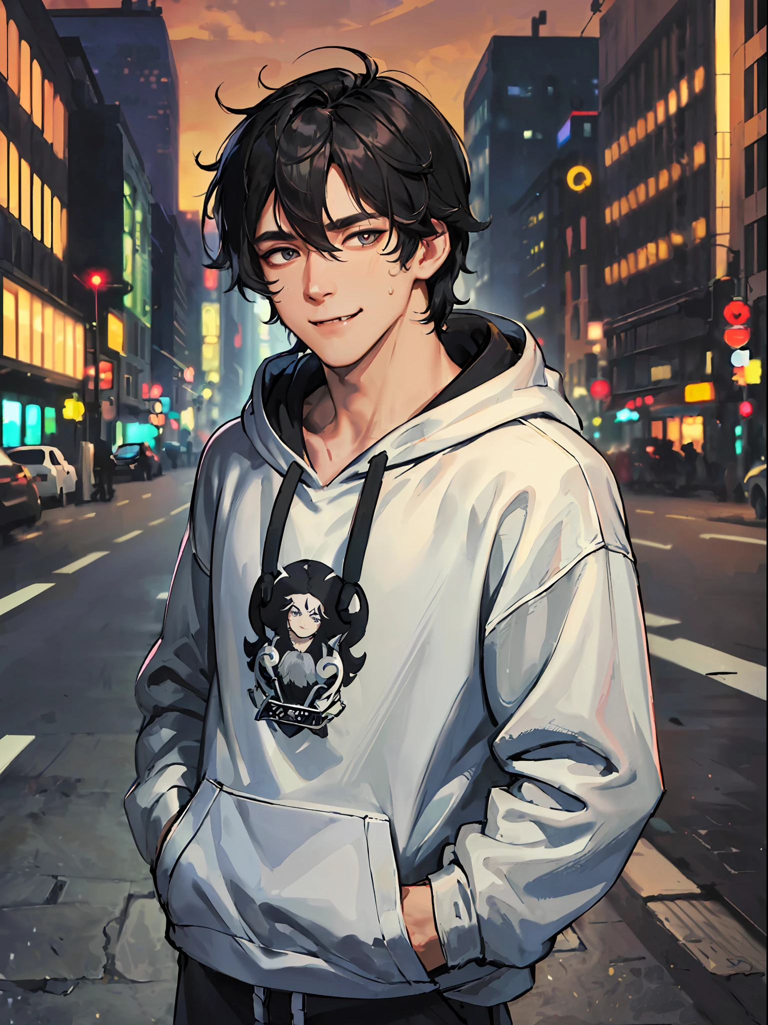 ((highest quality, masterpiece, 4k, finely detailed, detailed eyes, detailed face, gelbooru, pixiv)), ((solo)), 1 male, (handsome, masculine, adult male, broad shoulders), ((chin stubbles)), (smiling with fangs showing, looking at viewer), ((lazy eyes, tired eyes, half-lidded, eyebags under eyes, black eyes with white pupils)), ((dark hoodie, sweatpants)), ((black hair, medium length hair, shaggy hairstyle, messy hair)), (city background at night, standing with hands in pockets)