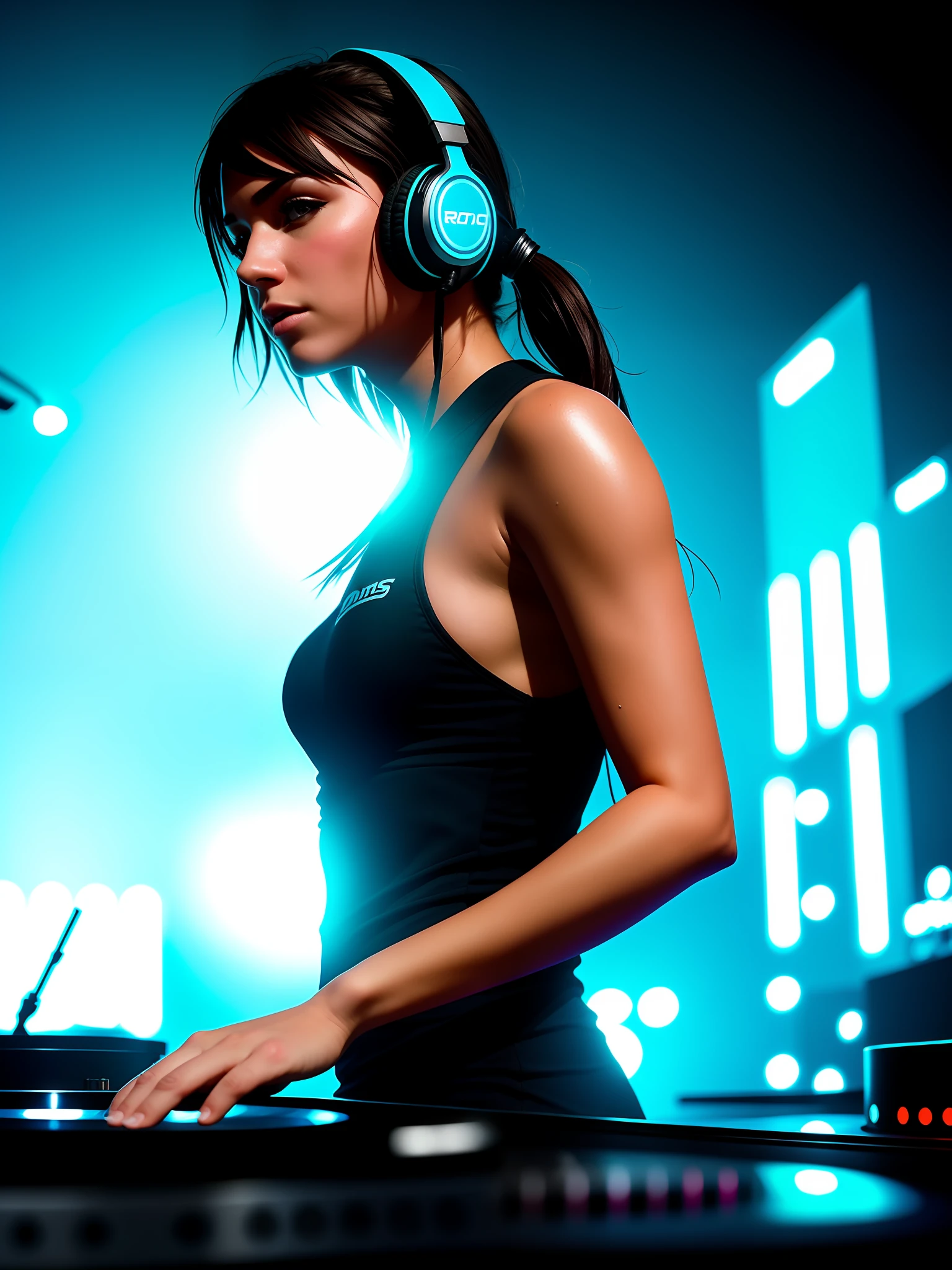 ssdarts a female dj with headphones, performing live on stage on a shiny dj turntable, dynamic pose, extatic, sweaty skin, sweaty clothes,wet short hair, ,dark athmosphere, Hyper-Realistic, Hyper-Detailed, best quality masterpiece, photorealistic, detailed, sharp focus, 8k, HDR, shallow depth of field, broad light, high contrast, backlighting, bloom, chromatic aberration, sharp focus,Artgerm, Greg Rutkowski, 35mm