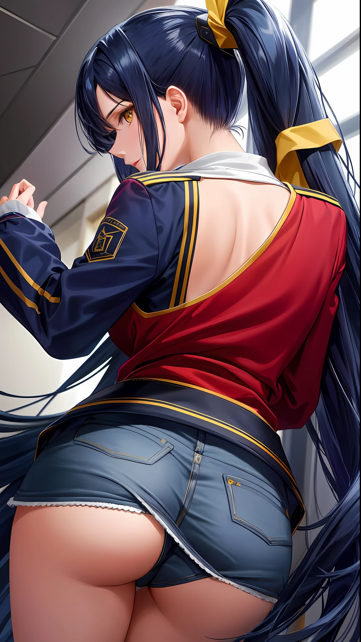 masterpiece, ultra high quality CG, best quality, perfect picture, solo, Laura S. Arseid (long dark blue hair, ponytail and Bang side, yellow eyes, avarege breasts), wearing BLUE panties and sexy red jacket, back, back Photo, Nice ass