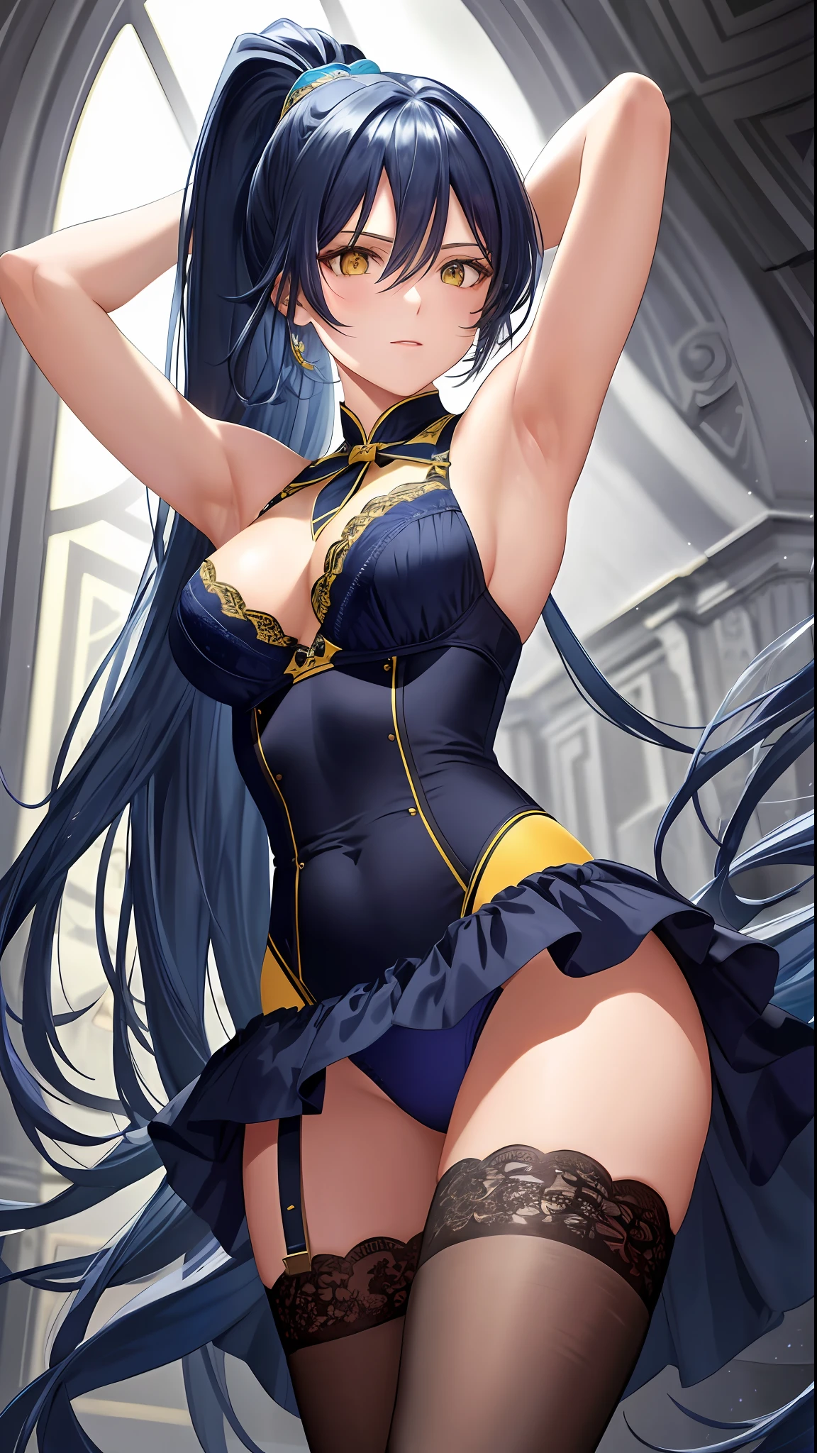 masterpiece, ultra high quality CG, best quality, perfect picture, solo, Laura S. Arseid (long dark blue hair, ponytail and Bang side, yellow eyes, avarege breasts), wearing blue panties and bra, UP gun, arms restraint, armpits, armpits,