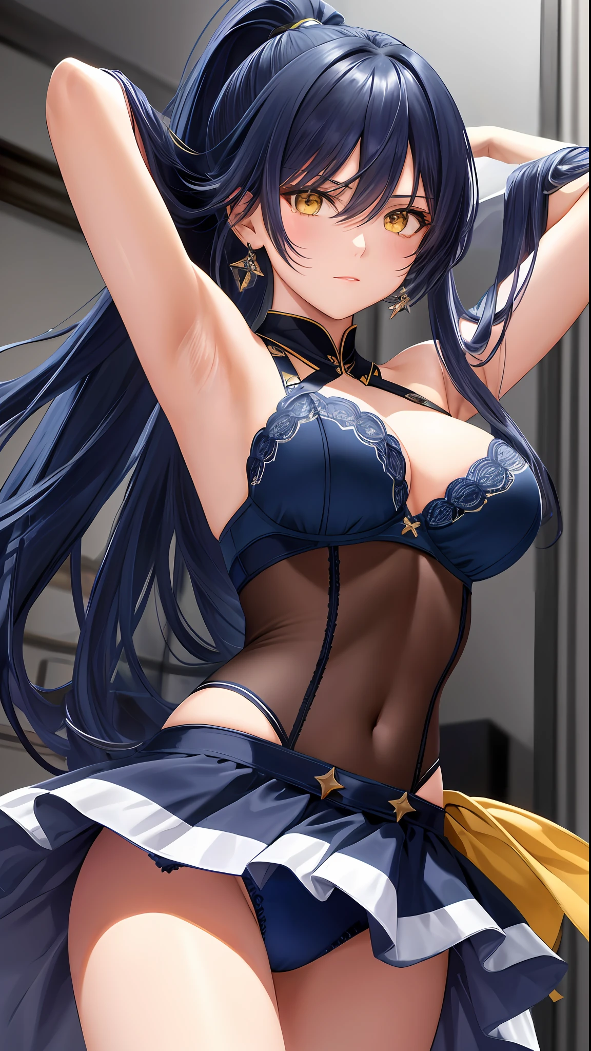 masterpiece, ultra high quality CG, best quality, perfect picture, solo, Laura S. Arseid (long dark blue hair, ponytail and Bang side, yellow eyes, avarege breasts), wearing blue panties and bra, UP gun, arms restraint, armpits, armpits,