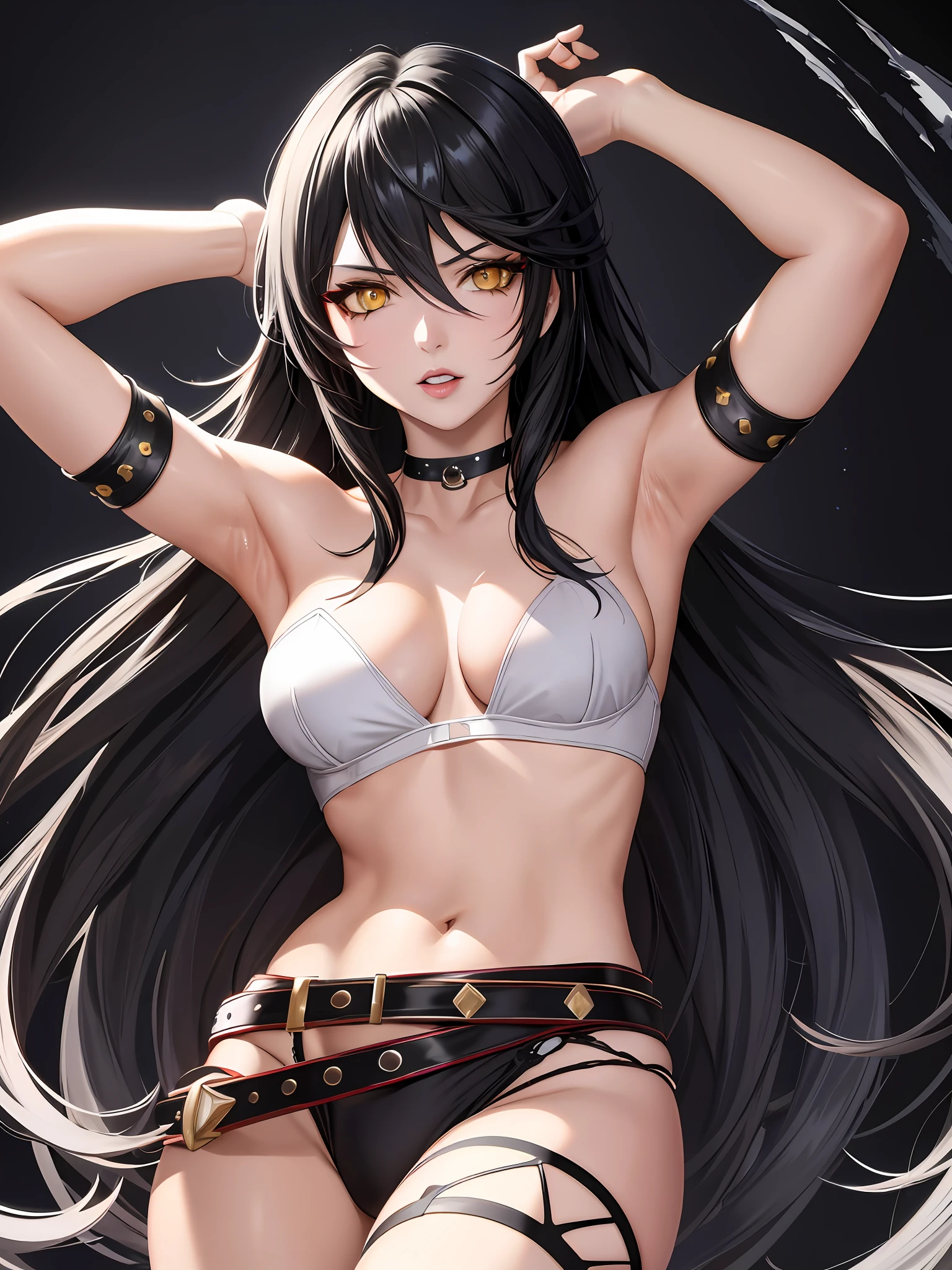 masterpiece, ultra high quality CG, best quality, perfect picture, solo, Velvet Crowe (yellow eyes, white skin, messy black hair too long, choker, small breasts, lipstick, makeup, eyeliner) using red Bra and panties, arms UP, arms restraint, armpits
